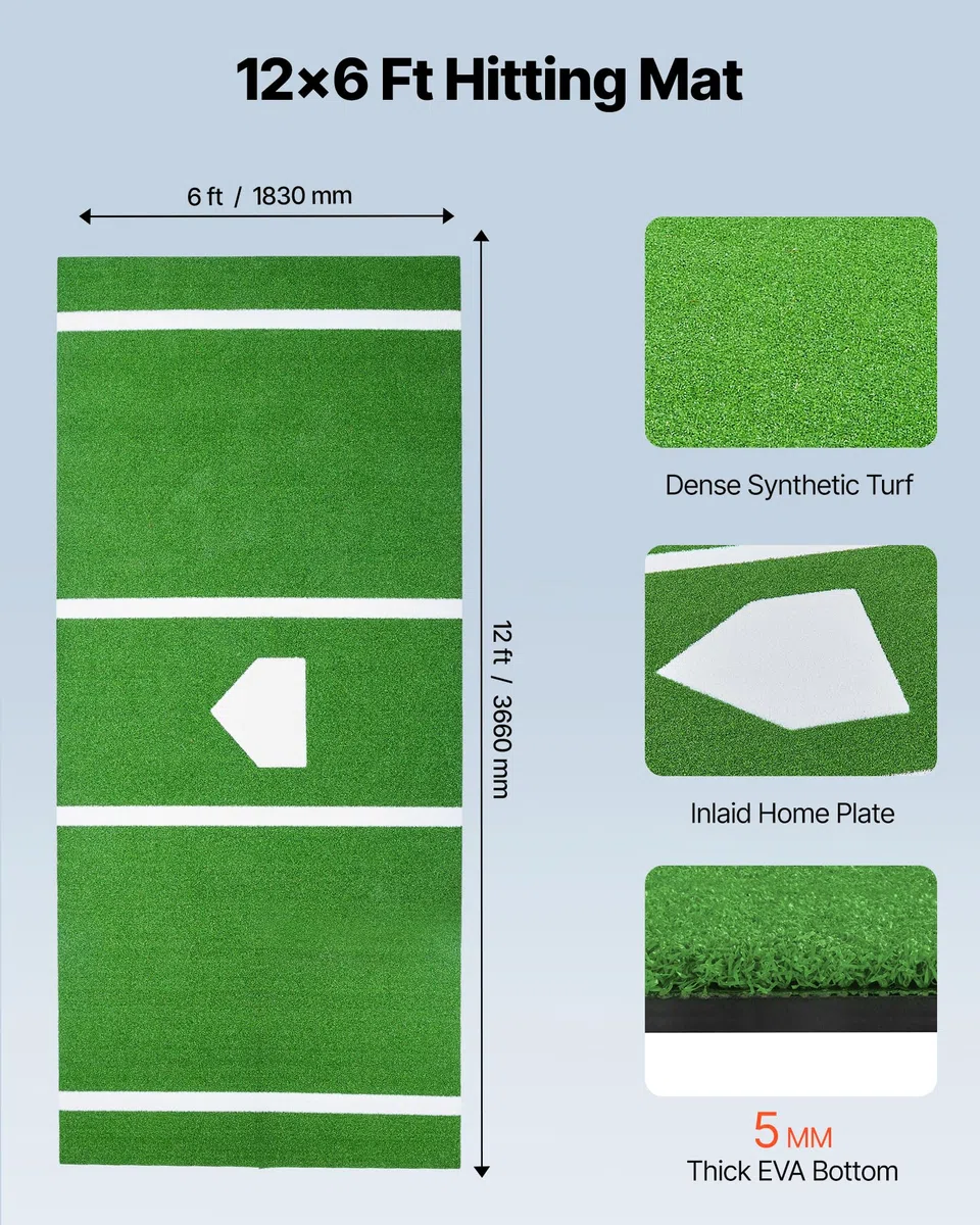 VEVOR Tapis de Frappe de Baseball 366x183 cm, Gazon Synthétique pour Cage de Frappeur Anti-décoloration, Tapis d'Entraînement au Softball avec Marbre, pour Arrière-Cour, Intérieur et Extérieur, Vert