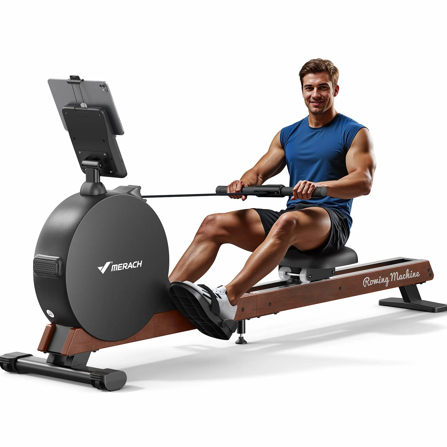 MERACH Rameur Musculation D'appartement, Auto-générateur, résistance magnétique maximale améliorée de 60 kg, réglage Automatique de la résistance, Doubles Rails en Bois, Affichage LED, Professionnel