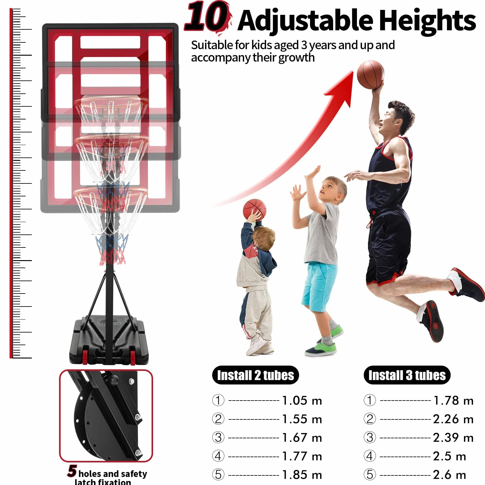 KOMFOTTEU Panier de Basket-Ball en PE et PVC pour l'Extérieur, 10 Niveaux de Hauteur réglables 155-310 cm, Support de Basket-Ball Portable Mobile, Base de Basket-Ball, pour Enfants et Adultes