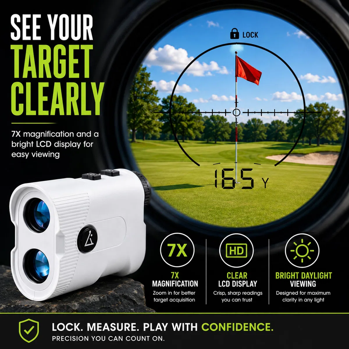 Lunai Télémètre de golf avec pente | Télémètre laser de classe 1 | Batterie rechargeable 600 mAh avec Type-C | Localisateur de mètres léger pour la pratique du golf et les tournois