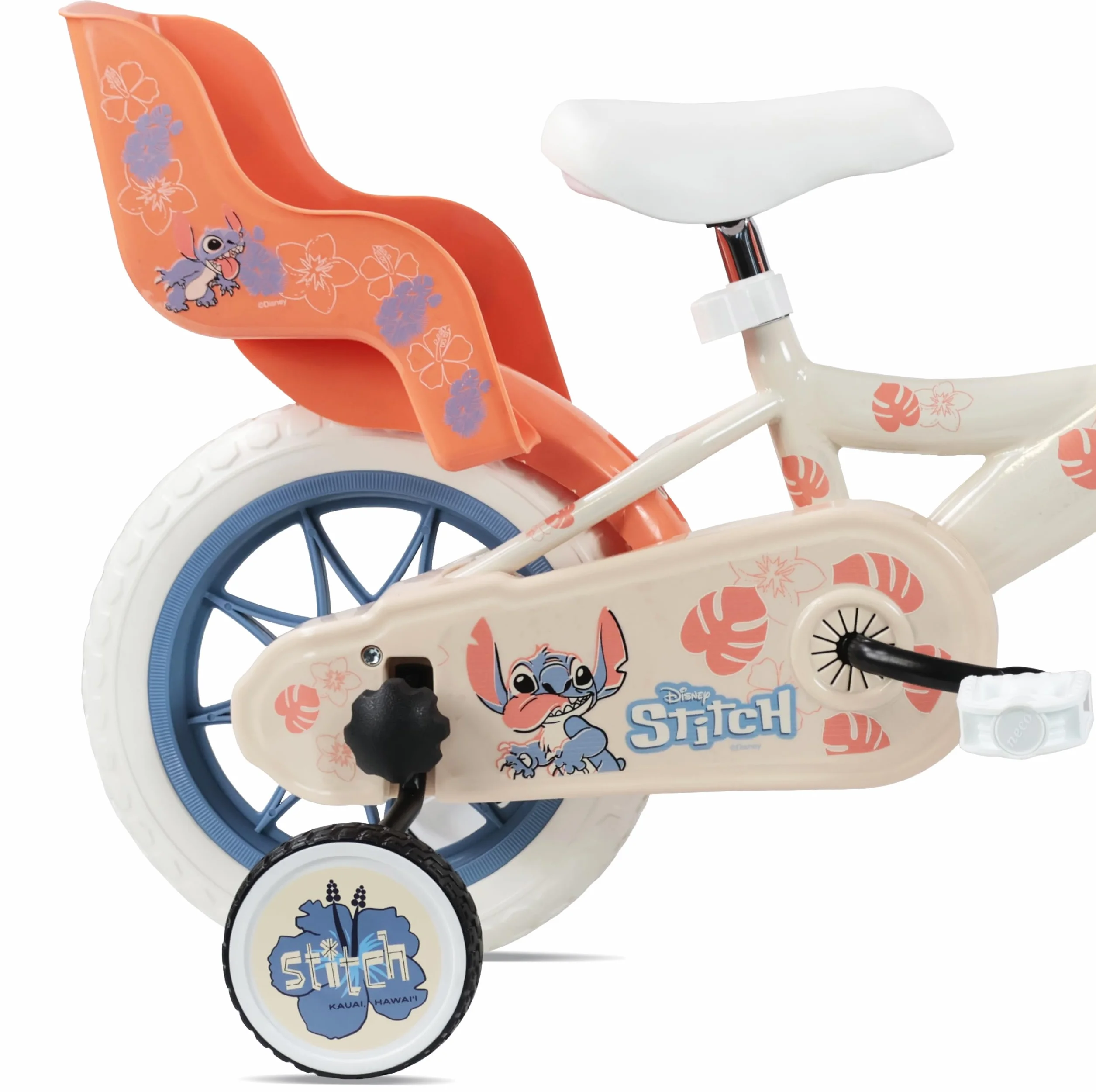 Vélo Enfant 12' Stitch équipé de 1 Frein, Panier Avant, Porte poupée arrière, Garde boues, Carter et stabilisateurs Amovibles