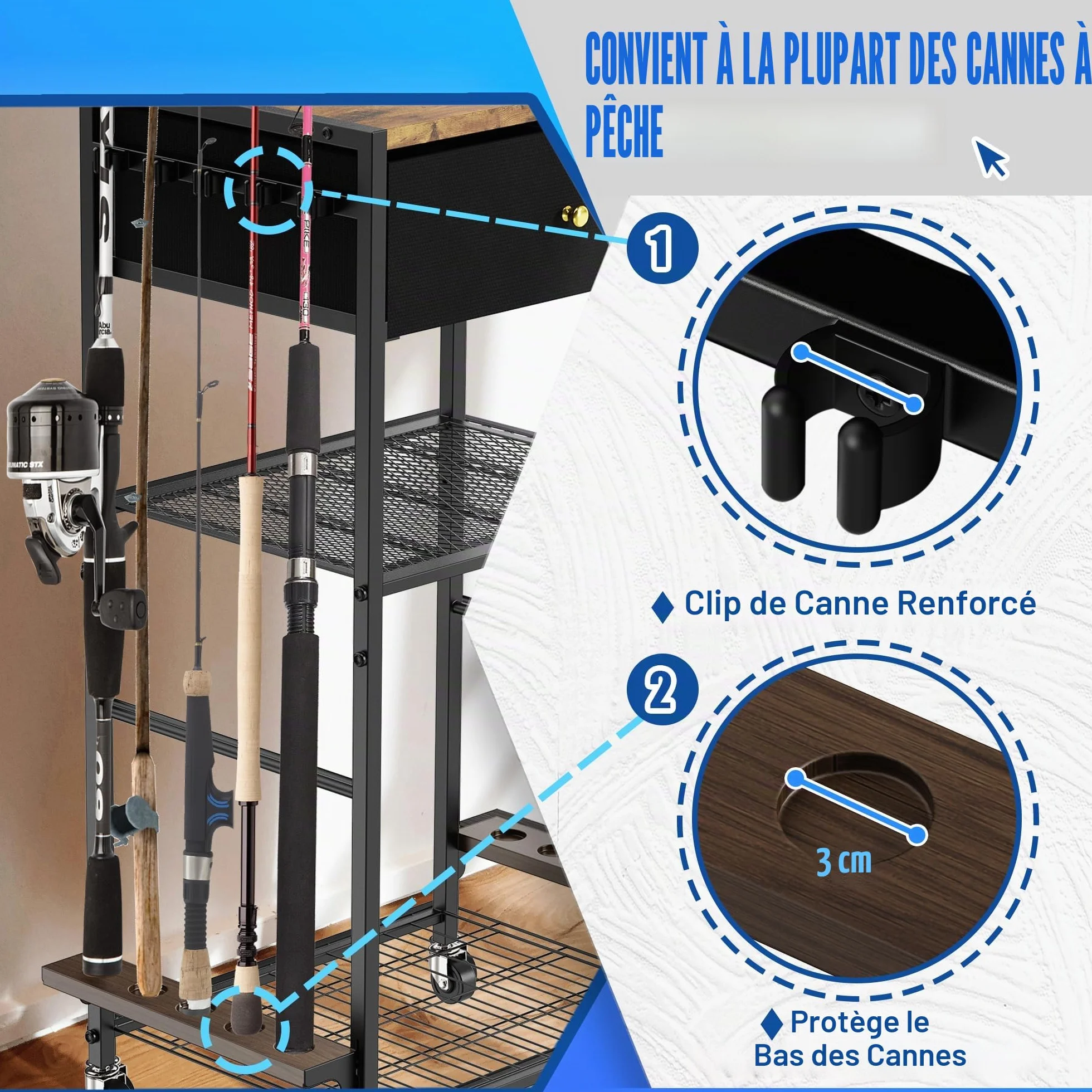Support de canne à pêche pour garage, rotatif 360°, chariot de rangement pour matériel de pêche, cadeau homme/femme