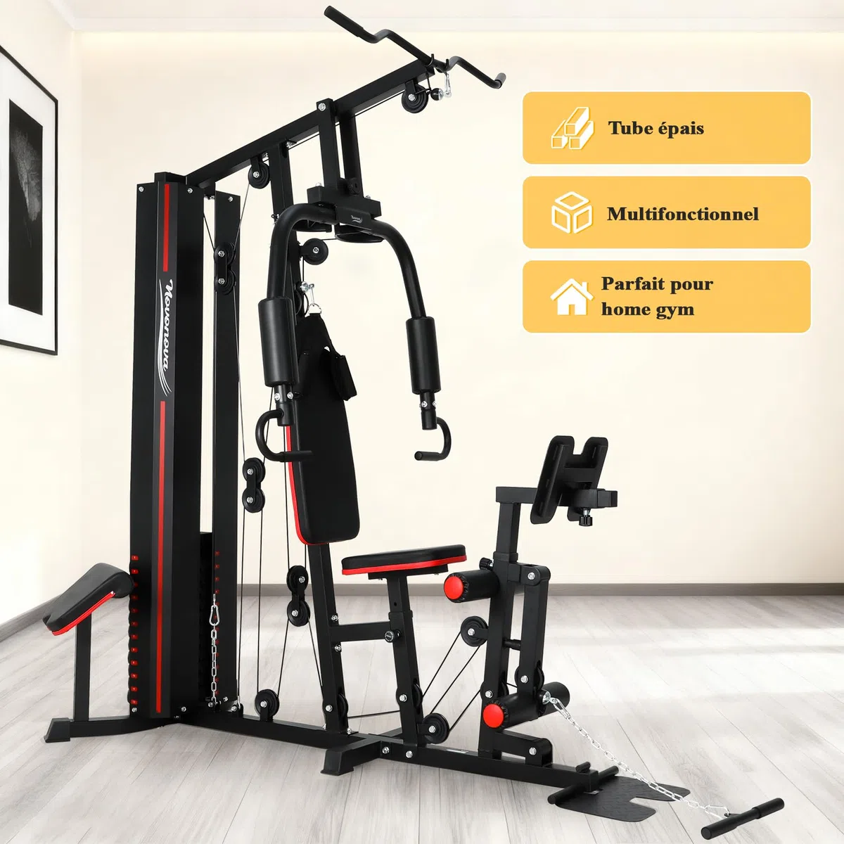 Station de Musculation Multifonction, Banc de Musculation Complet, Barre de Traction Cage Station Machine Musculation avec Poids, Fitness Domicile Home Gym Bras/Épaules/Poitrine/Dos/Jambe