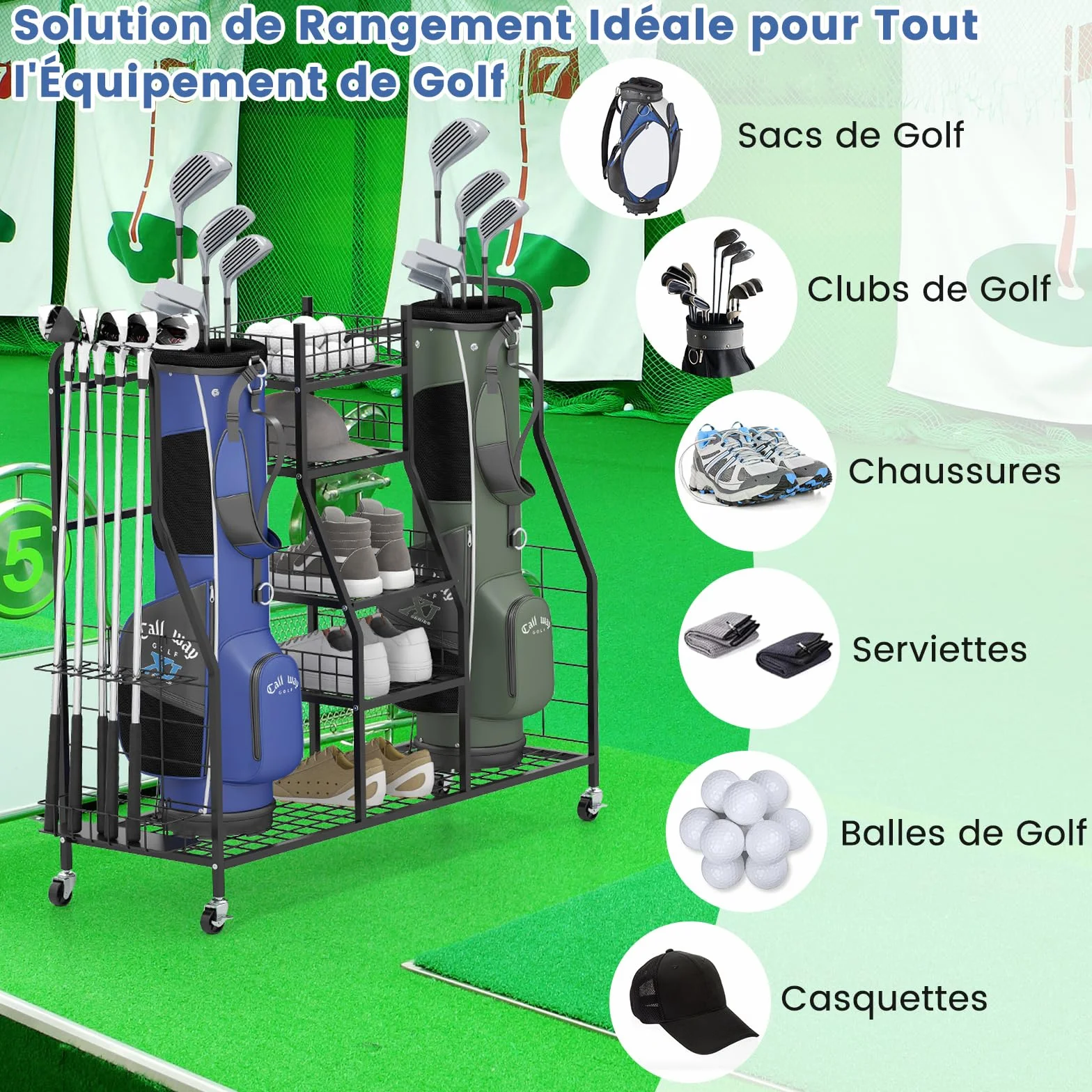 GYMAX Organisateur de Golf, Chariot Métallique pour Rangement de Sacs, Clubs, Chaussures, Balles, Accessoires, 4 roulettes Universelles, Convient pour Garage, sous-Sol, Club