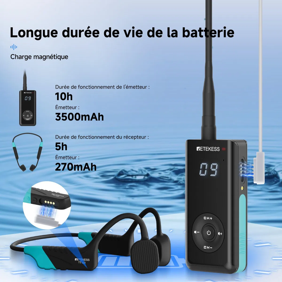 Retekess TT120 Communicateur Sous-Marin, Casque de Natation à Conduction Osseuse, Etanche IP68,120 M,Système de Communication pour L'entraînement,Club de Natation,Le Coaching (1 Émetteur 2 Récepteurs)