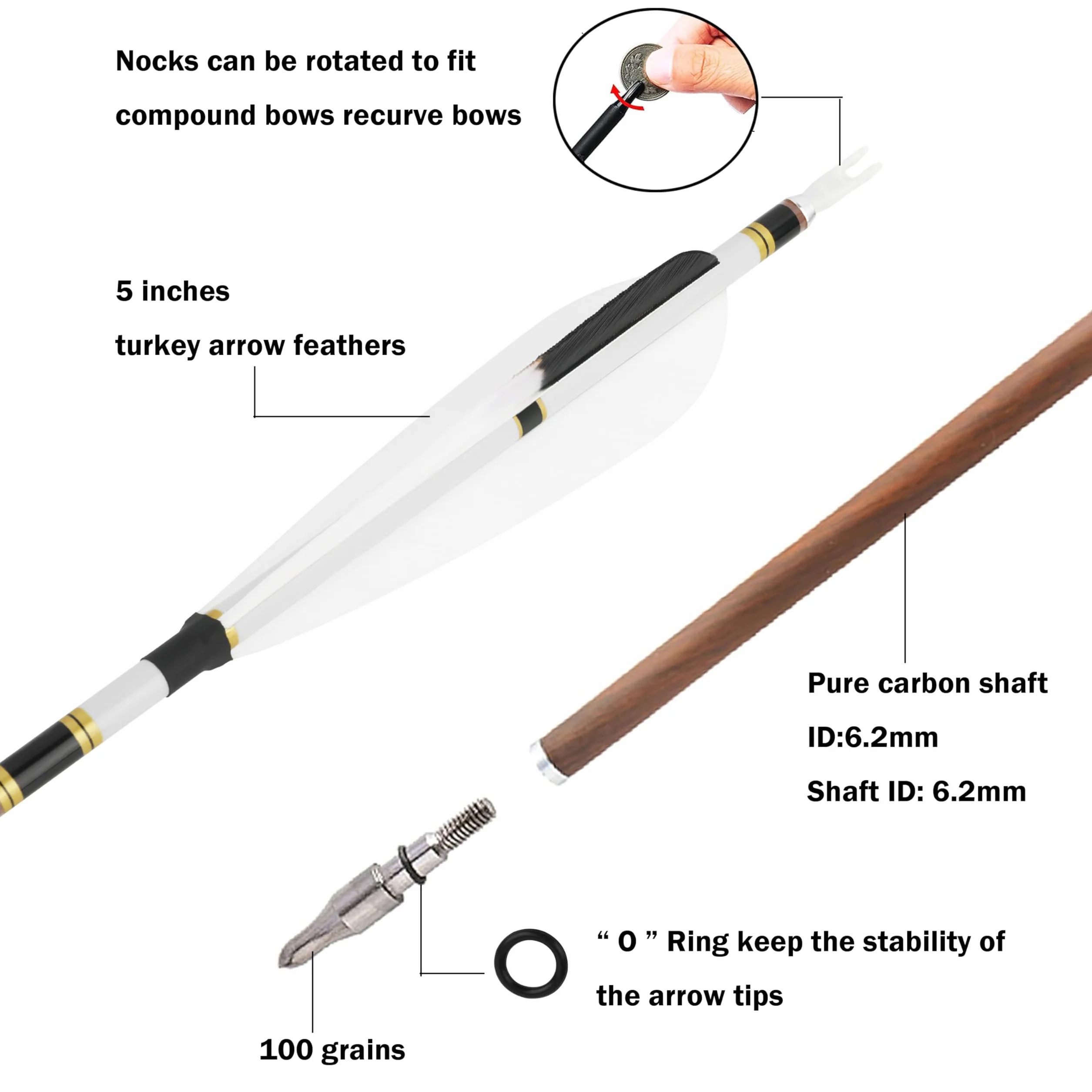 Flèche de Chasse en Carbone de 31 Pouces avec Plume Naturelle de 5 Pouces 340 400 500 600 Flèches de tir pour arcs à poulies, arcs Classiques et arcs Traditionnels