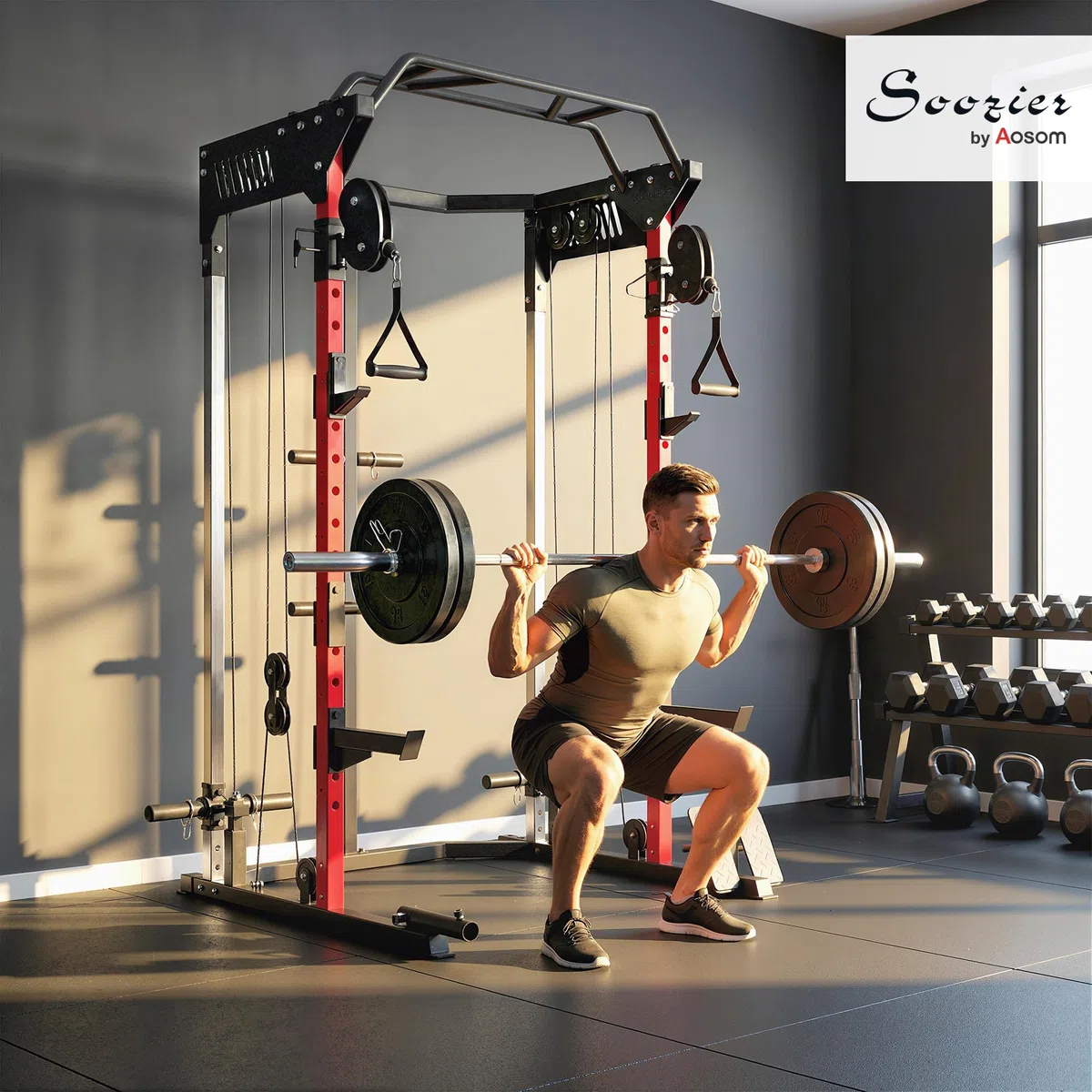 SPORTNOW Station de Musculation Power Rack 900kg - Cage de Squat avec Double Poulie Réglable 19 Niveaux - Home Gym Complet pour Entraînement de Force, avec Tirage Lat et Accessoires, Noir