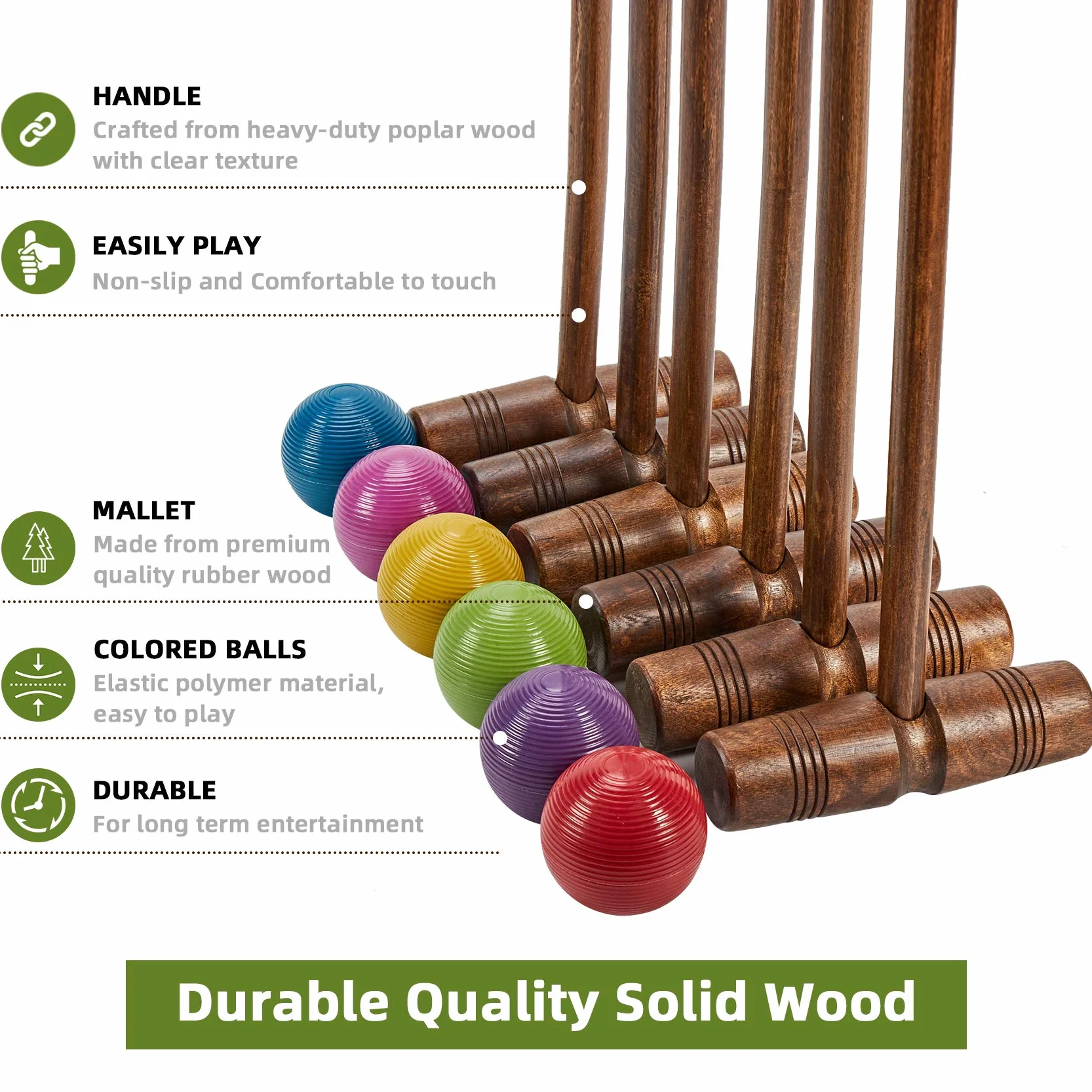 Ensemble de croquet 81.3 cm pour 6 joueurs, Style classique vintage, Piquets pour adultes et famille