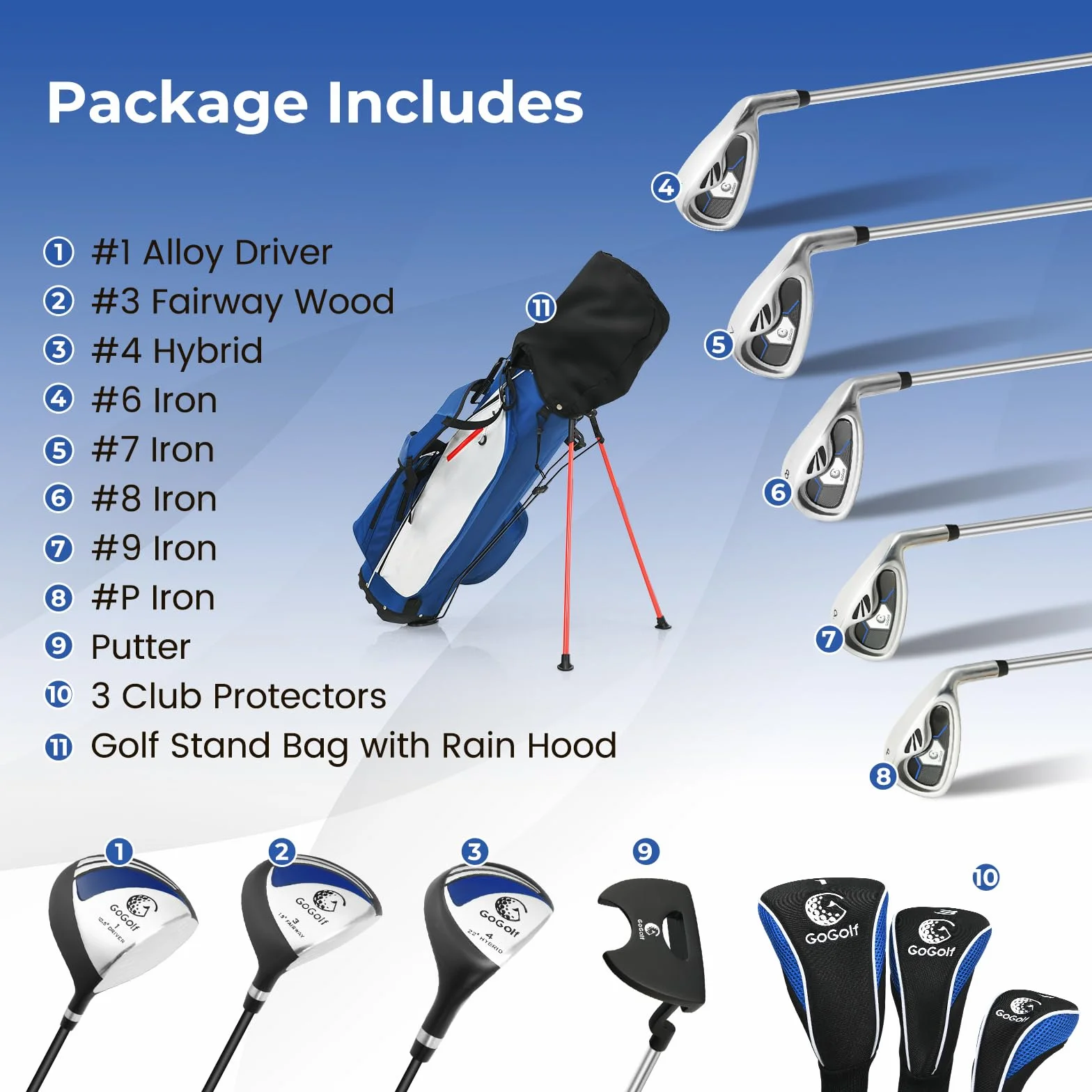 LIFEZEAL Set de Golf Portable, Ensemble Complet Club de Golf Droitier pour Homme, Sac Trépied avec 7 Compartiments, Putter, 3 Bois: Driver #1, Fairway #3, Hybride #4, 5 Fers