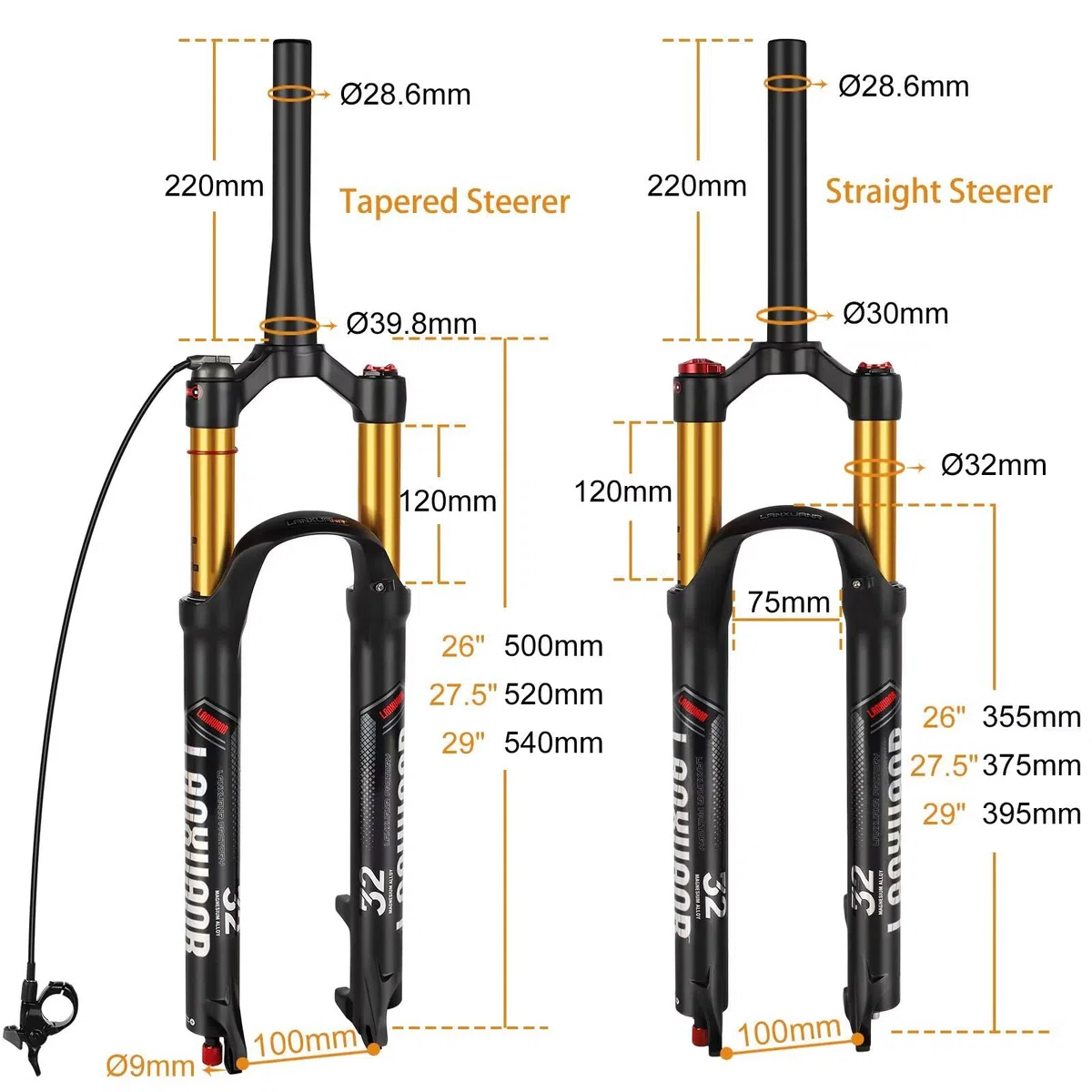 Fourches VTT 26/27,5/29 Pouces. Réglage du Rebond, Suspension pneumatique. Tube Droit/Conique 1-1/8 Pouce x 220 mm,9 x 100 mm à Serrage Rapide,Frein à Disque