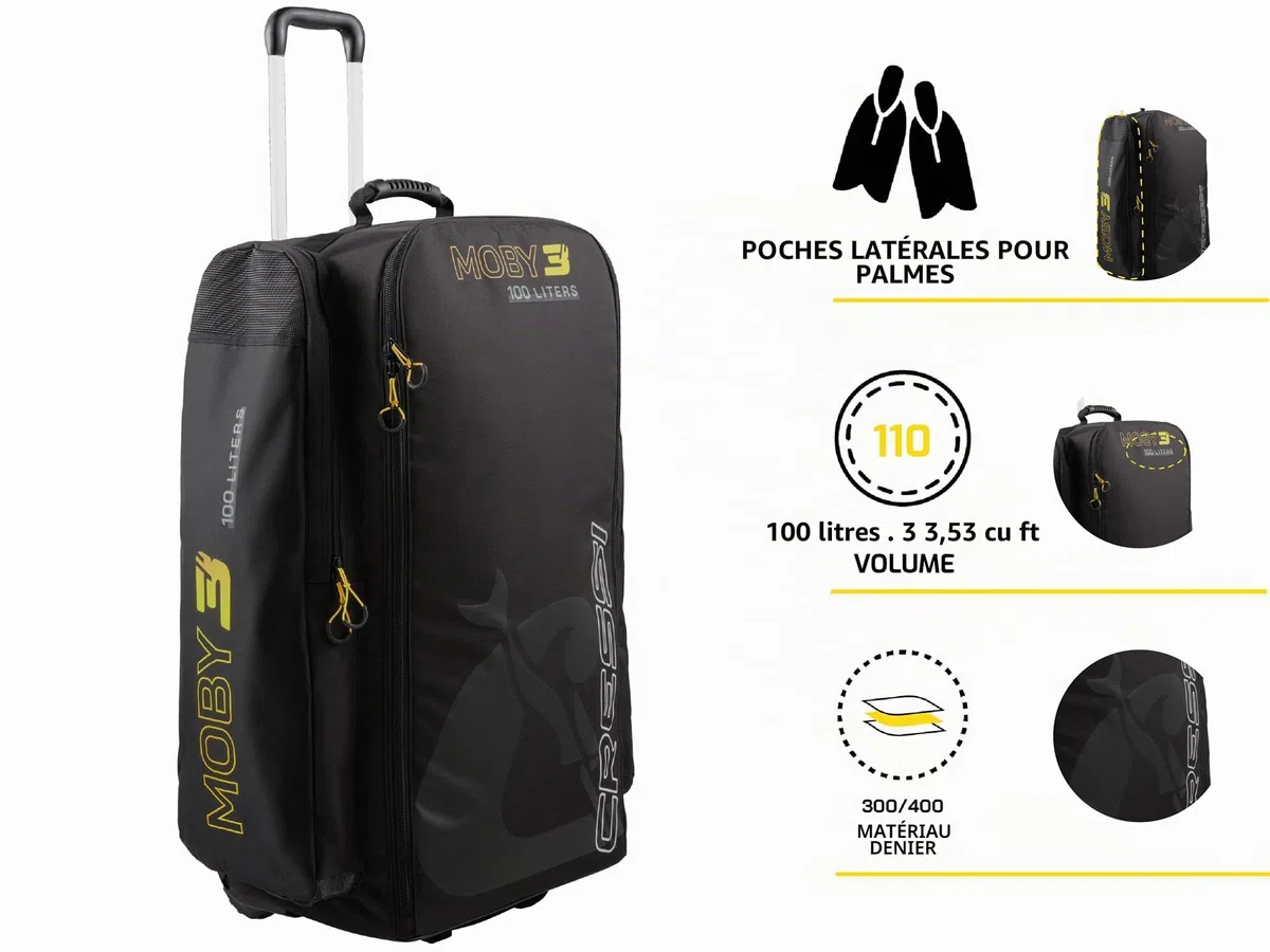 Cressi Moby 3 Trolley Bag Black/Yellow 100 L - Sac à roulettes Robuste et Spacieux Idéal pour Les Activités Sportives et Les Voyages, Noir/Jaune, 100 L, Unisex