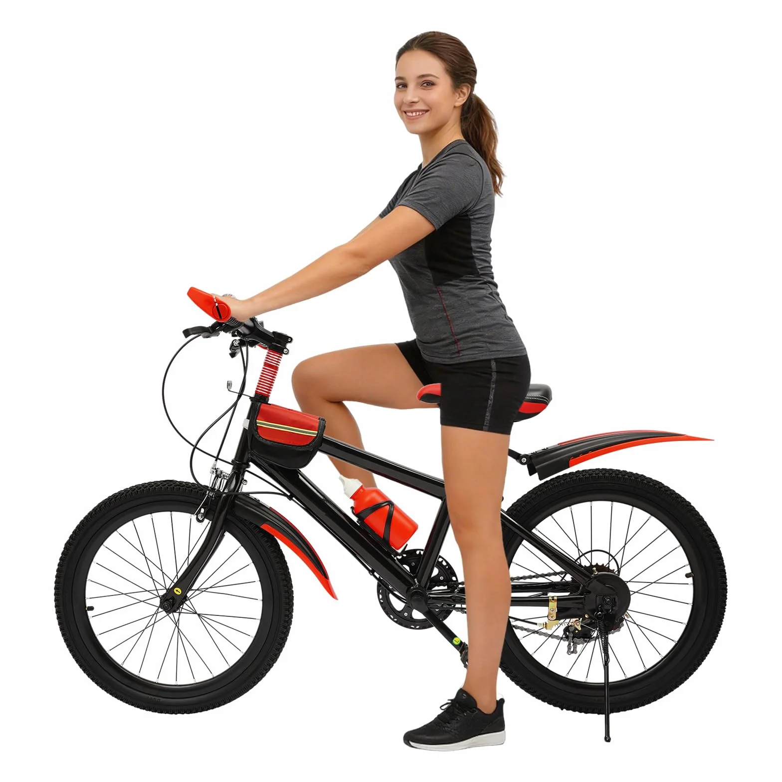 Vélo VTT pour enfant de 20 ", en acier au carbone, capacité de charge 75 kg, rouge, 7 vitesses, hauteur réglable, avec sac de rangement, vélo pour enfants à partir de 8 ans, garçons et filles