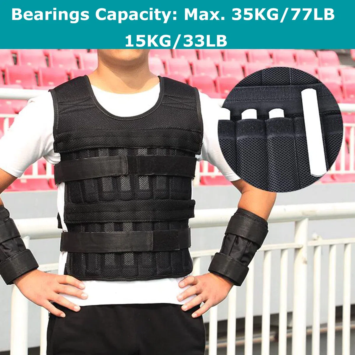 Gilet de Poids de 35 Kg avec Poids de 6 Kg pour les Jambes et 5 Kg pour les Bras, Gilet D'entraînement Réglable avec 32 Poches, Tissu en, Bretelles Absorbant les Chocs,