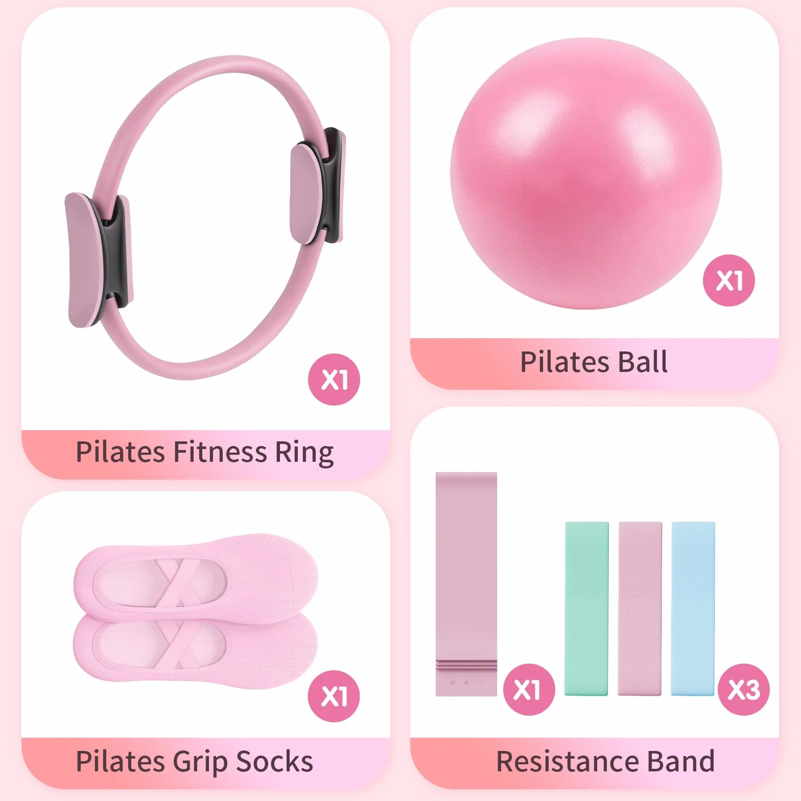 Kit Pilates Essentiel - Accessoires de Fitness Portables - avec Anneau Pilates Tonifiant, Bandes de Résistance Longues, Bandes Pilates Loop, Ballon Pilates Souple et Chaussettes Pilates Grip