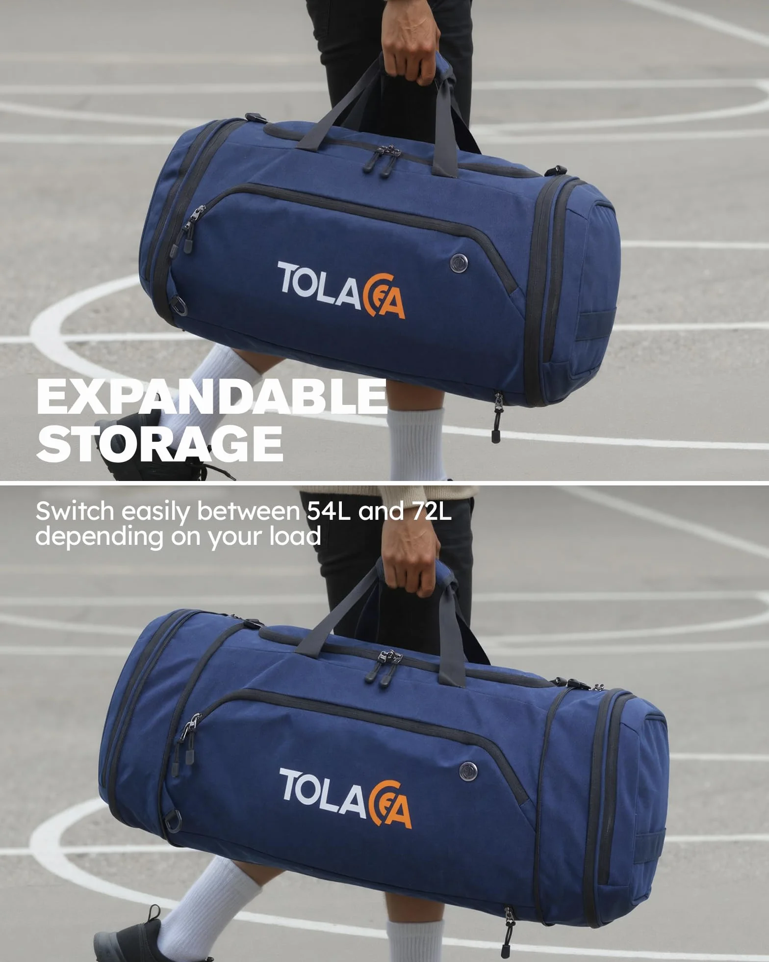 Tolaccea Sac de Sport Extensible 56–70L Homme Femme – Grand Sac de Voyage avec Compartiment Chaussures & Poche Humide, Convertible en Sac à Dos pour Fitness, Natation, Football, Voyage (Bleu)