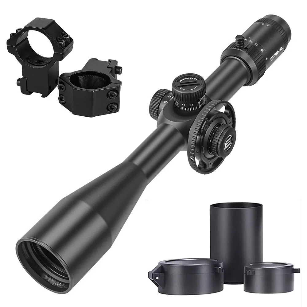 SPINA OPTICS 6-24x50E FFP II première Lunette de Fusil à Plan Focal avec Treillis de précision mrad Rouge et visière