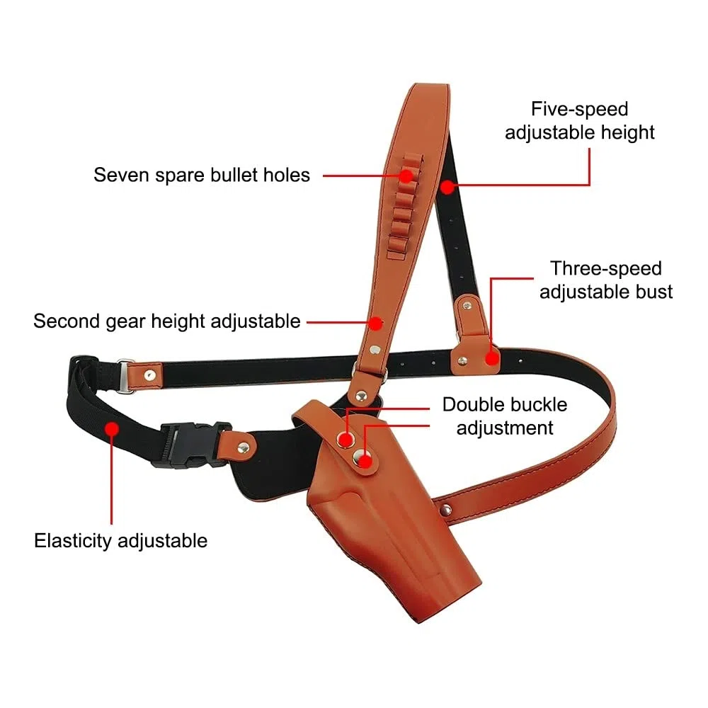 DONGKER Holster D'épaule en Cuir,Étui D'épaule Réglable pour Pistolet Vertical Dissimulé avec 7 Porte-balles pour 1911 G17 G17 G20 G23 M9 P85