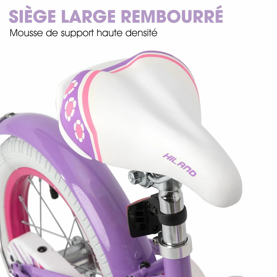 HILAND Vélo Fille 12 14 16 Pouces avec Roues Stabilisatrices et Panier, Frein à Main et Rétropédalage, Rose Violet Blanc