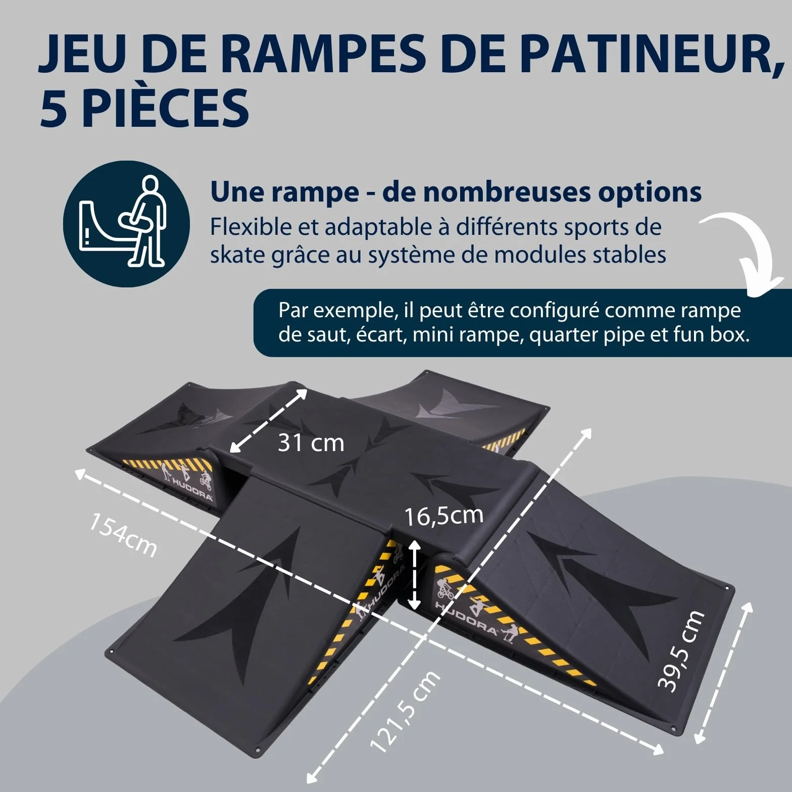 HUDORA Rampe de Skate - Set de 3/5 rampes de Skateboard pour la Cour & Le Jardin - Mini Rampe Polyvalente en Plastique pour Enfants & Ados jusqu'à 60/80kg - Equipement de Skatepark pour chez soi