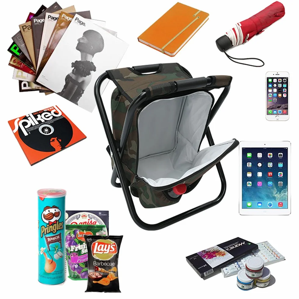 Sac à Dos de Camping Pliant avec Refroidisseur Isolé, Chaise Tabouret Pliant, Camouflage Portable Randonnée