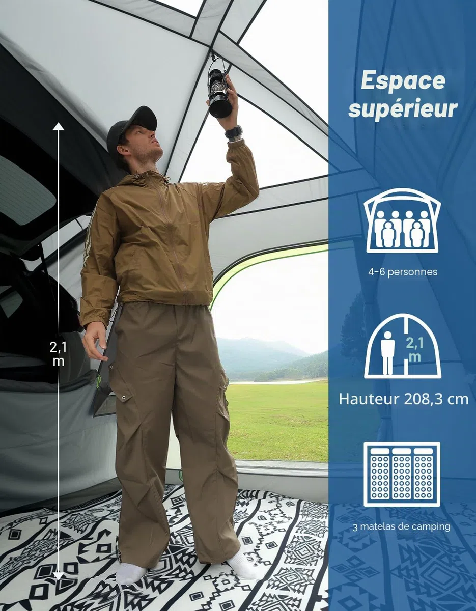JOYTUTUS Tente SUV avec véranda et tente de camping pour la famille, grande tente pour voiture spatiale pour 4-9 personnes, SUV à double usage ou camping sous la pluie, double porte, toit ciel étoilé