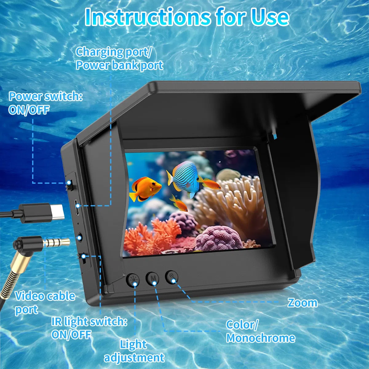 Sondeur de pêche HD 1080p avec écran LCD de 4,3", câble étanche IP68 de 15 m et 6 lumières de vision nocturne infrarouge, caméra sous-marine portable pour la pêche sur glace, en lac, en