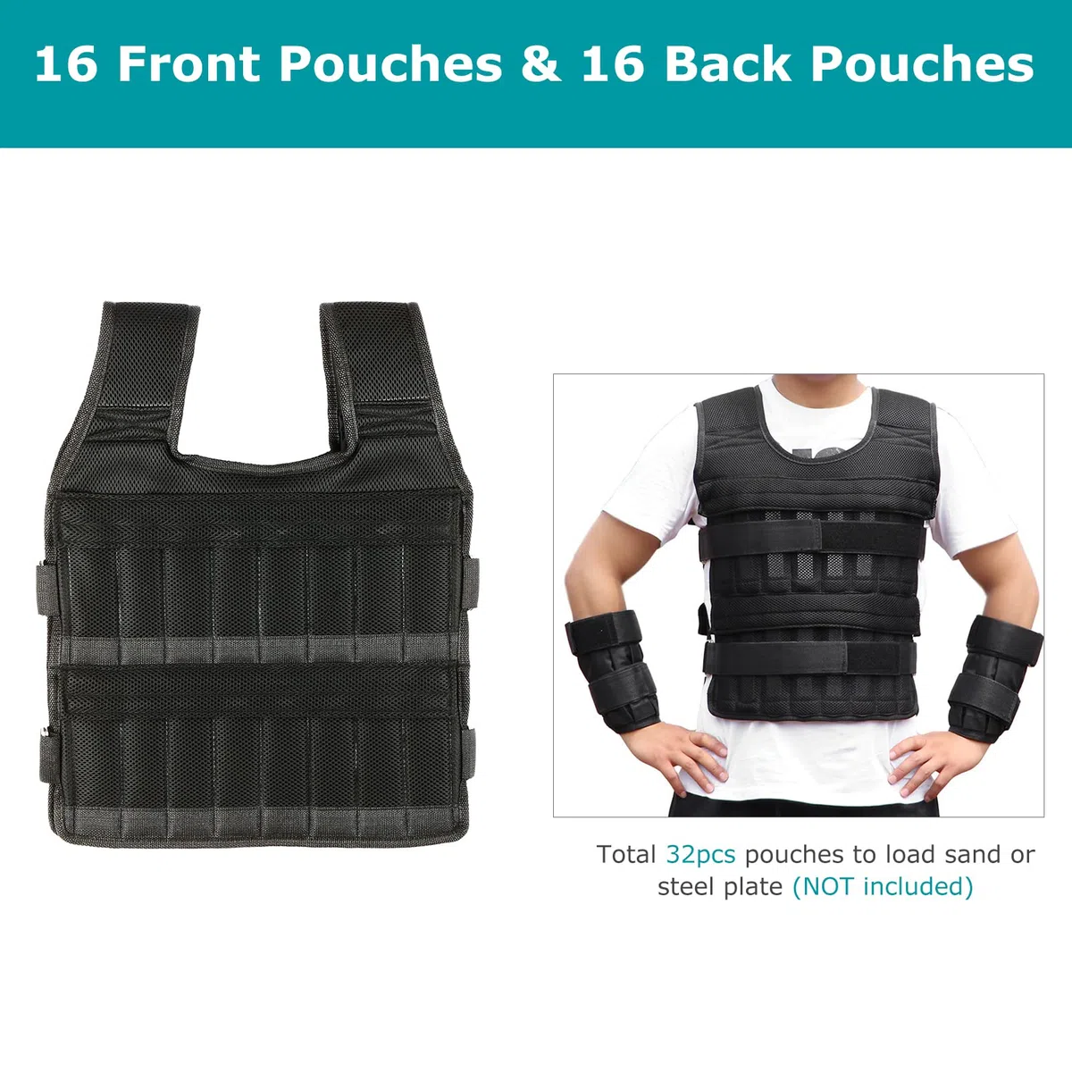 Gilet de Poids de 35 Kg avec Poids de 6 Kg pour les Jambes et 5 Kg pour les Bras, Gilet D'entraînement Réglable avec 32 Poches, Tissu en, Bretelles Absorbant les Chocs,