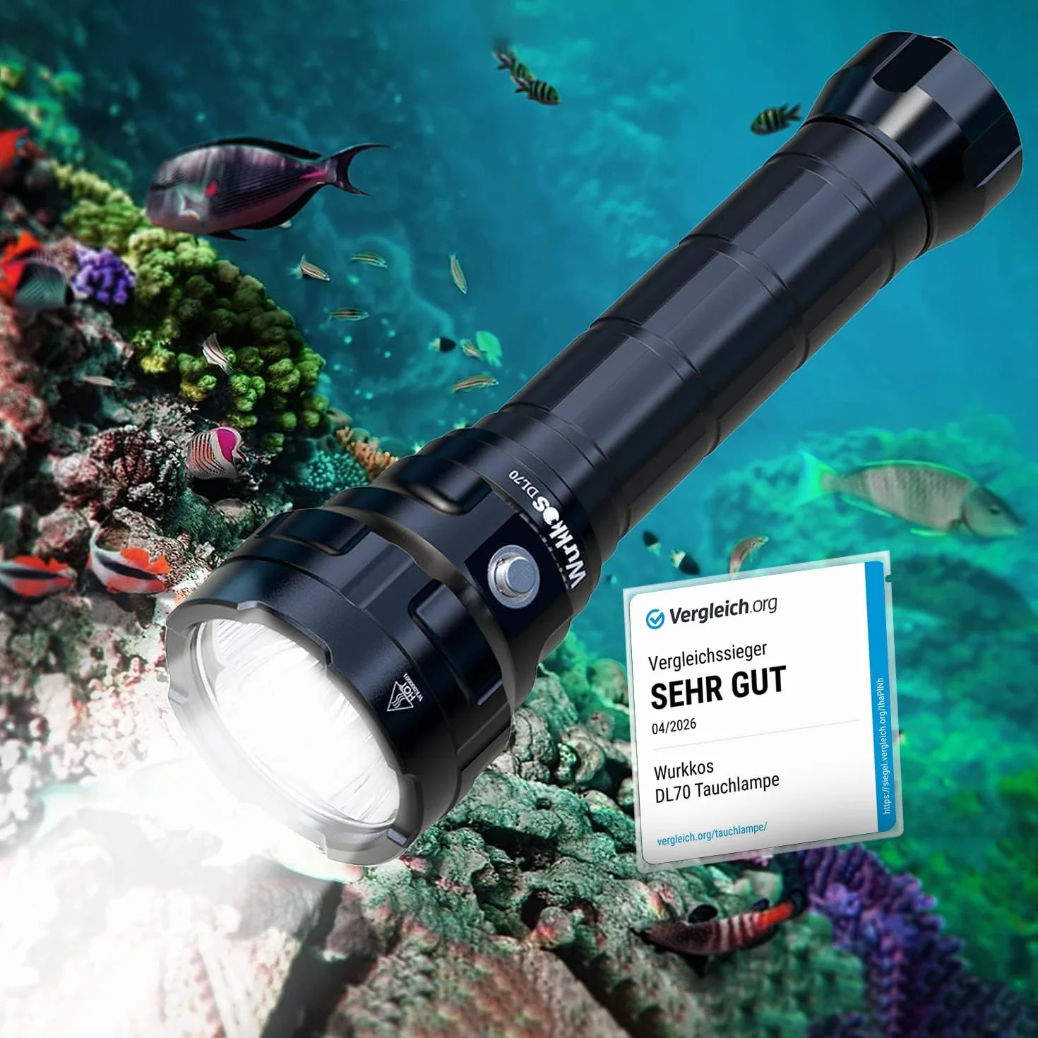 Wurkkos DL70 Lampe de plongée 13000 lumens, 4 * XHP50.2 LED torche sous-marine, torche de plongée super lumineuse à lumens élevés, Avec alimentation rechargeable 2 * 5000mAh et chargeur