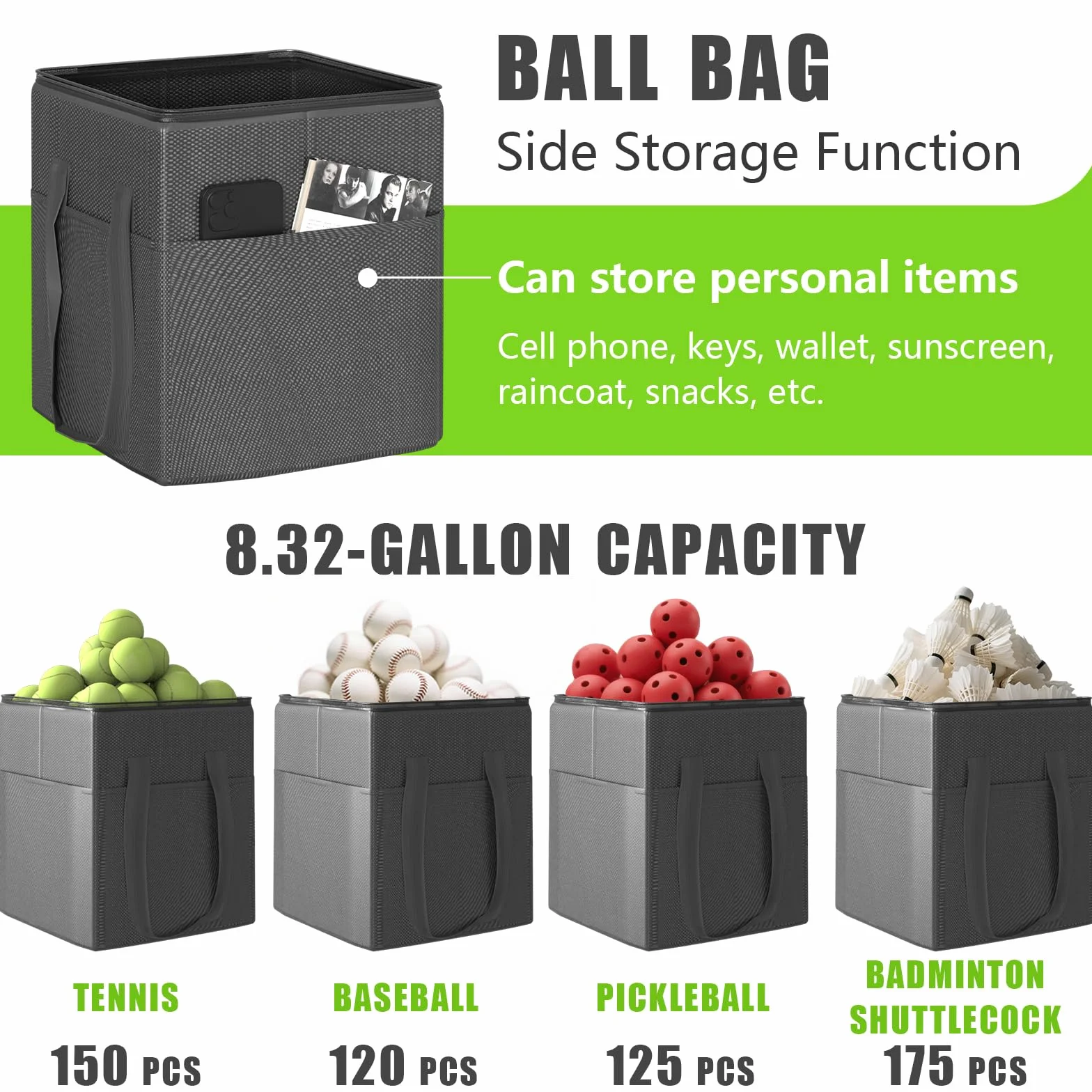 Panier à balles de tennis pliable avec roues, hauteur réglable, capacité 150 balles, sac de rangement