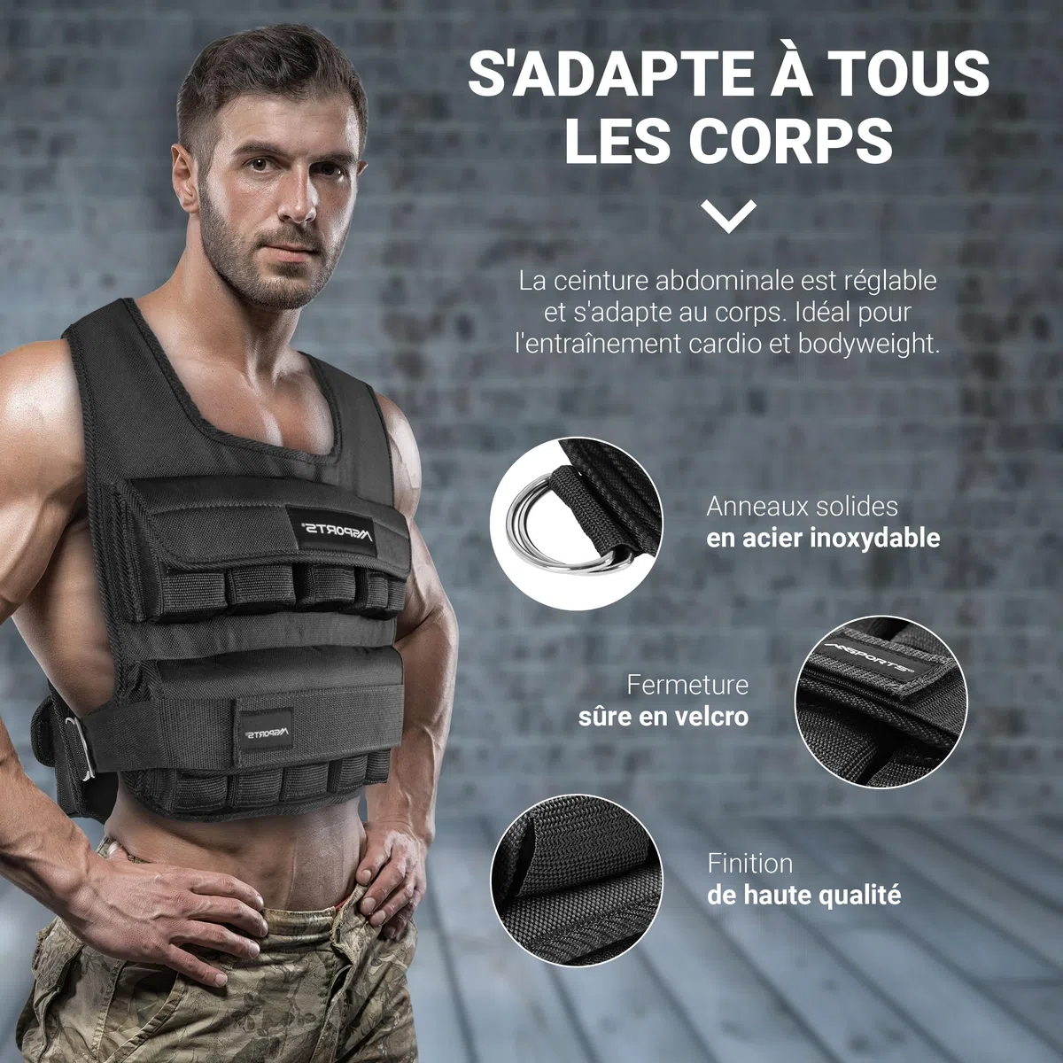 MSPORTS Gilet lesté de qualité supérieure, réglable de 5 kg à 30 kg, pour l'entraînement et la musculation