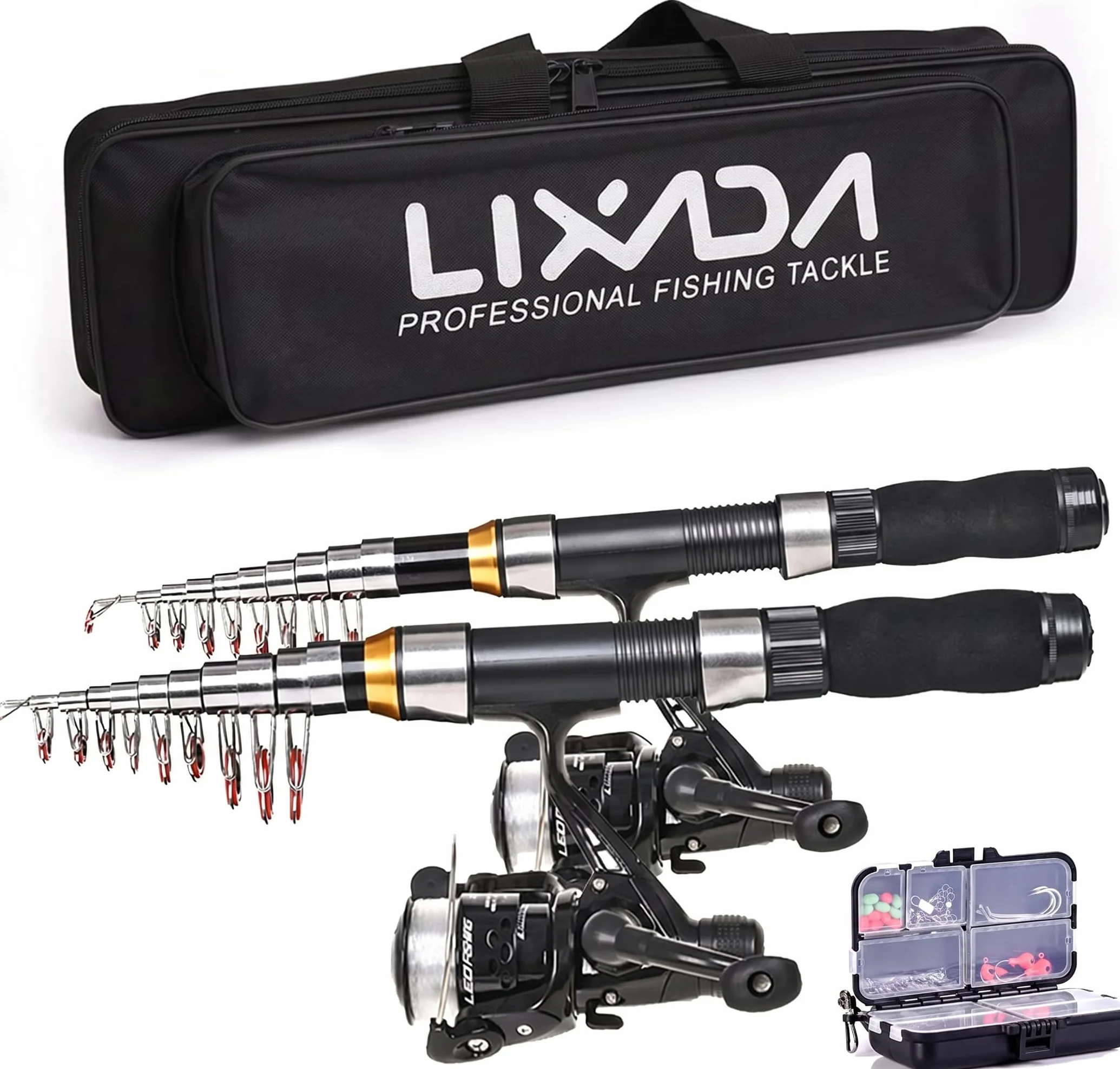 LIXADA Set Canne à Pêche Télescopique Canne à Pêche Set avec 2,1/2,3 m Cannes à Pêche Télescopiques Moulinets de Pêche Leurres & Ligne & Crochets & Flotteurs, Kit de Canne à Pêche