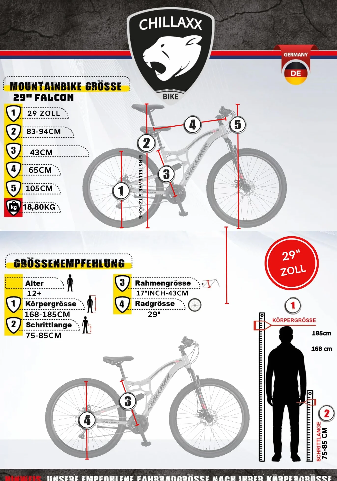 Chillaxx Falcon VTT de 24, 26, 27,5 et 29″, pour garçons, filles, femmes et hommes, frein à disque, dérailleur à 21 vitesses, suspension complète