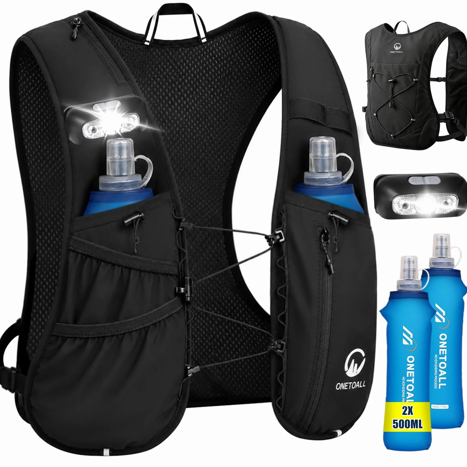 Gilet Hydratation Running Femme - 2 Gourdes Souples 500ml + Lumière LED, Sac de Course à Pied Léger pour Homme, Marathon, Trail, Randonnée
