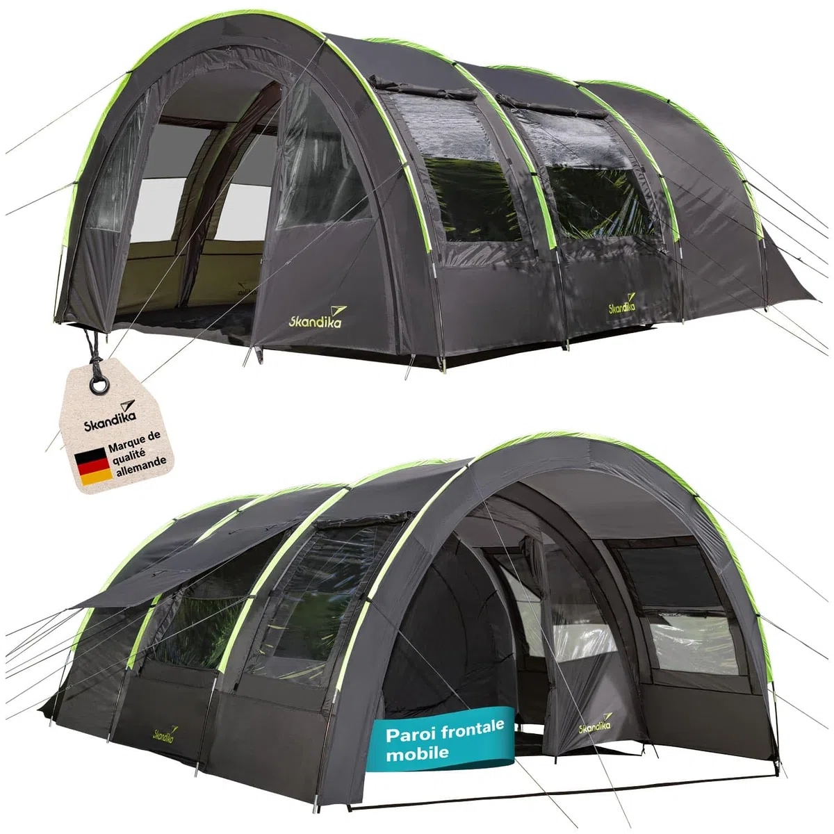 Skandika Tente tunnel Kemi pour 4 personnes | Tente de camping, 2 cabines de couchage, hauteur 2 m, 4 places, colonne d'eau 3000 mm, paroi frontale amovible, auvent | Tente de camping, tente familiale