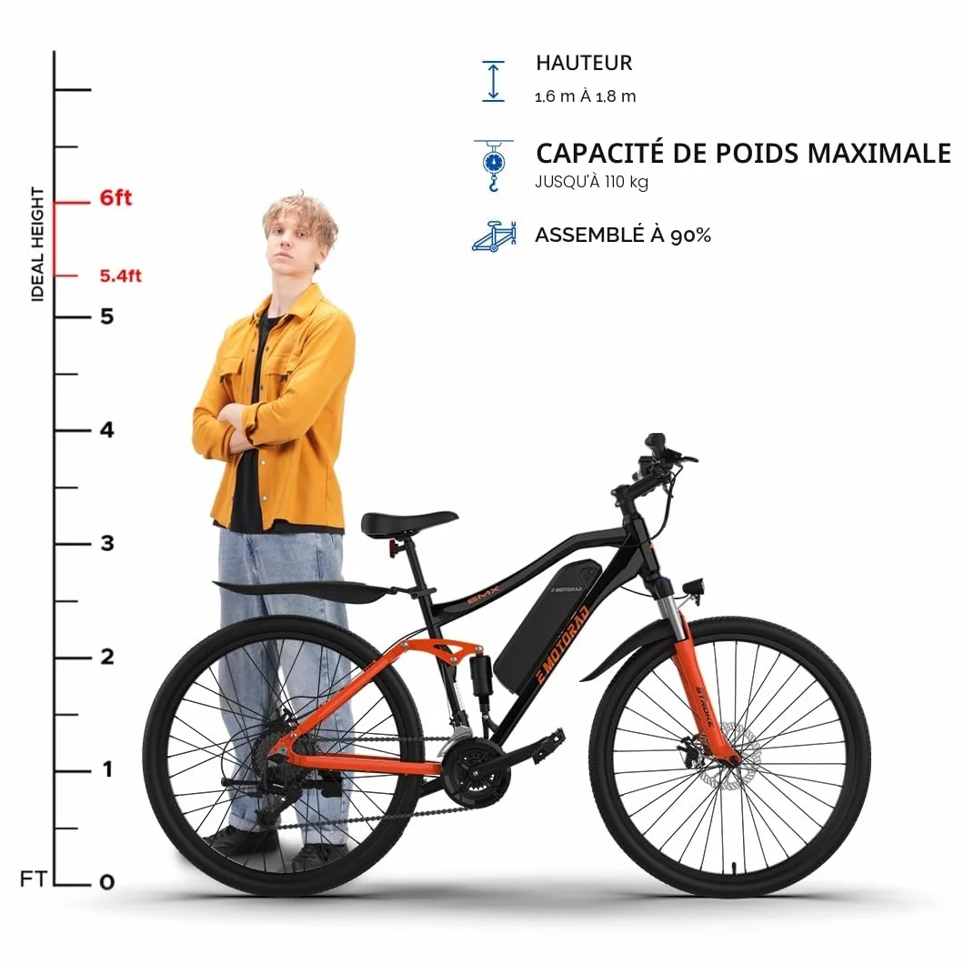 EMotorad EMX+ | Vélo électrique Tout-Terrain pour Adultes | pneus 27,5 x 2,1" | Moteur 36 V 250 W | Batterie 13 Ah Amovible | Double Suspension | Freins Hydrauliques | Écran Couleur C8