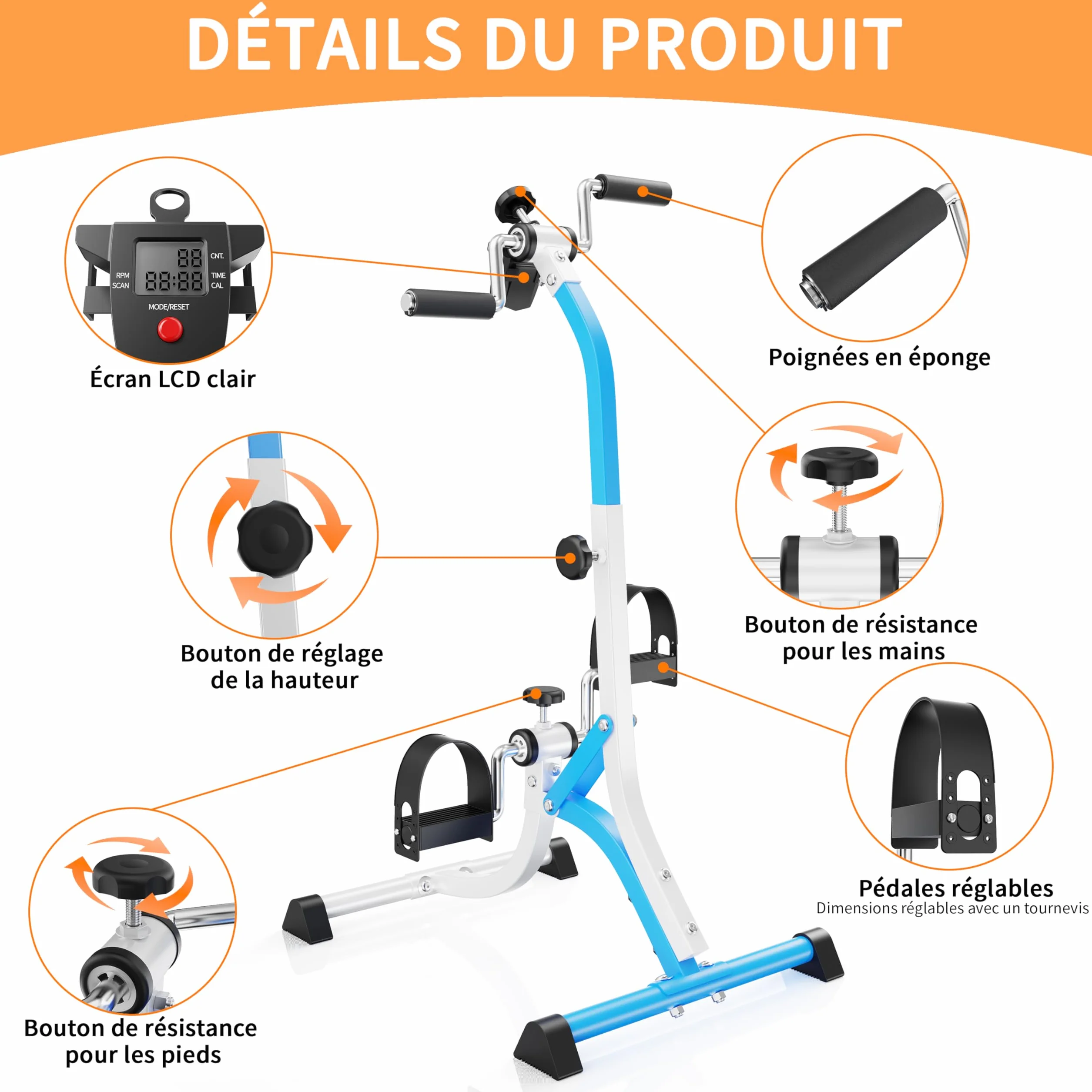 Vélo d'entraînement, poignées et écran LCD pour la rééducation et le renforcement musculaire des membres supérieurs et inférieurs à domicile