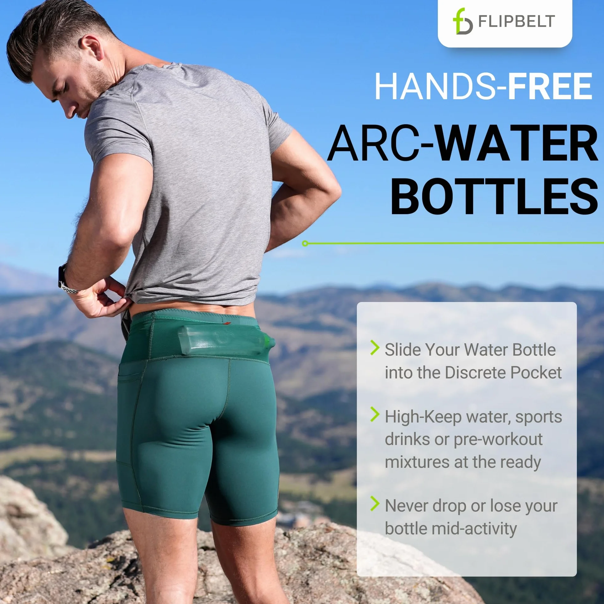 FlipBelt Arc Ceinture de course pour bouteille d'eau, bouteille d'hydratation incurvée, 38 ml, vert