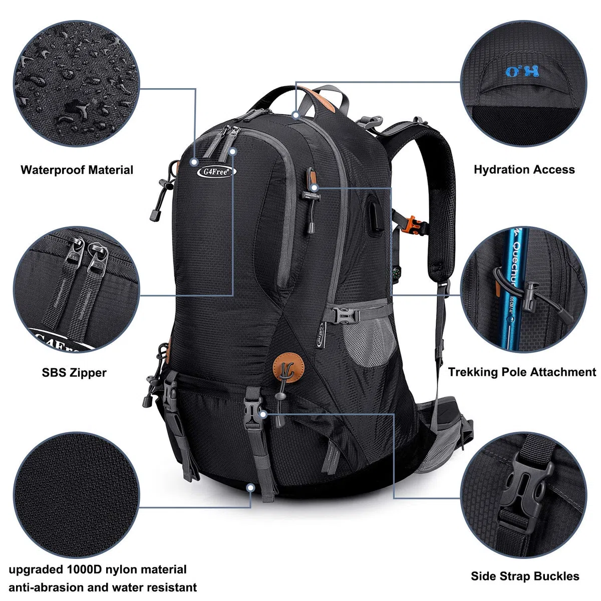 G4Free Sac à dos de randonnée imperméable de 50 l avec housse de pluie pour alpinisme, voyage, camping, trekking, sports de plein air pour homme et femme