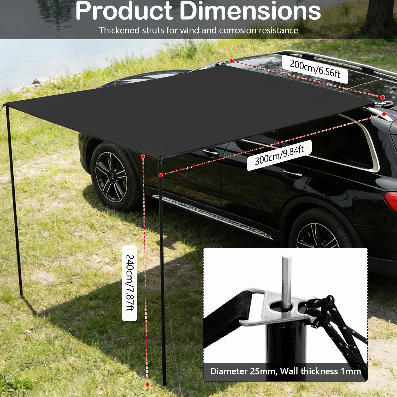 Kit de Auvent Voiture Rétractable, 200x300cm, avec 2 Poteaux, 8 Câbles de Haubanage, 8 Sardines, 2 Ventouses, Sac de Rangement et Sac de Transport, UPF50+, PU3000+, pour Aventures (Noir)