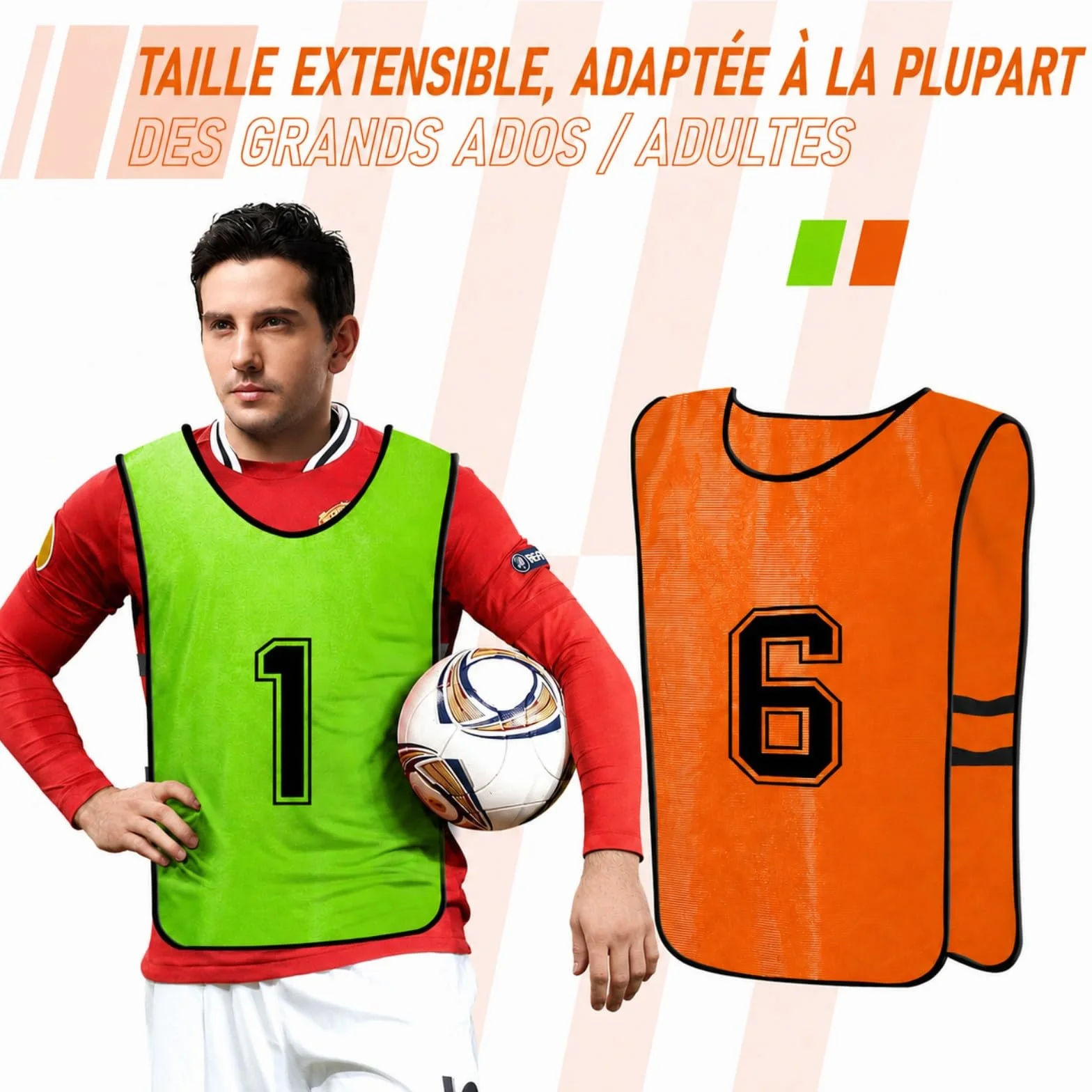 Chasubles de Football Adulte – Lot de 12 Gilets d’Entraînement Réversibles Numérotés pour Matchs et Sports d’Équipe – Maillots Respirants pour Foot, Basket, Volley – Vert/Orange