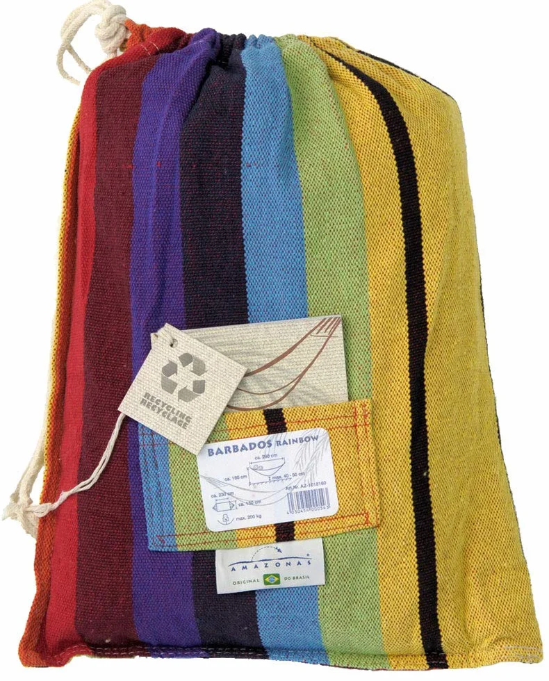 AMAZONAS Hamac classique XL Barbados Rainbow fait à la main au Brésil jusqu'à 200 kg de capacité de charge avec 230 x 150 cm pour 1-2 personnes en rayures multicolores longueur totale 340 cm