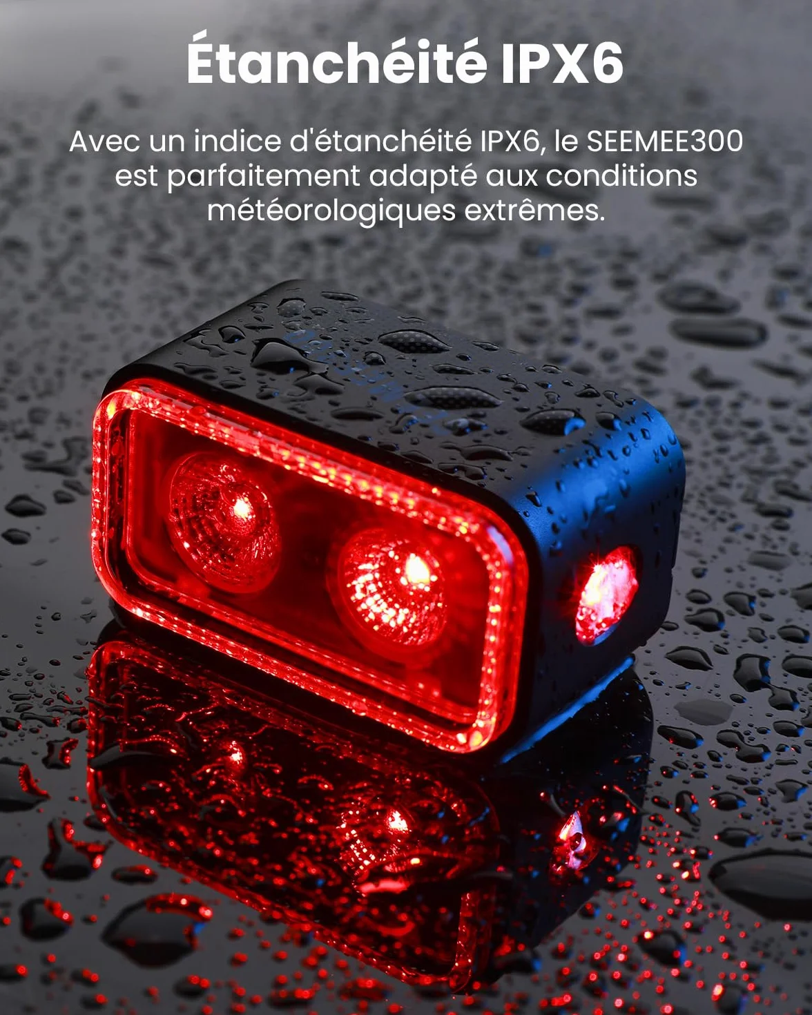 Feu arrière de vélo SEEMEE 300, 300 lumens, 5 Modes Nuit et Jour, capteur de freinage Intelligent, étanche IPX6, Rechargeable par USB-C, pour la Conduite de Nuit