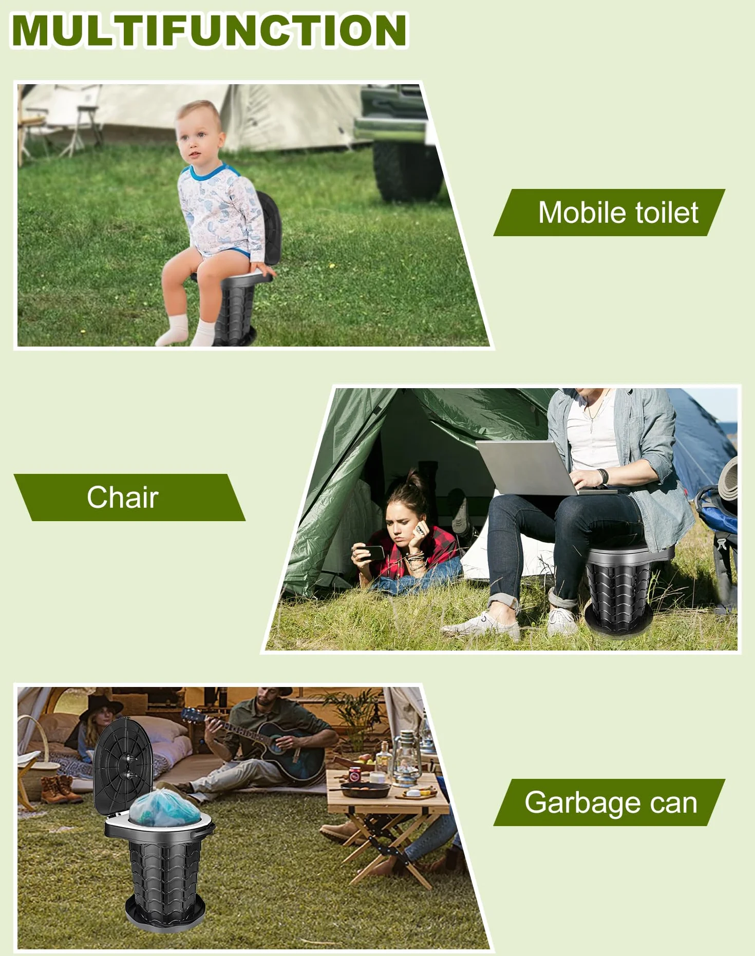 Toilette Portable Camping avec Couvercle, WC Portable avec Sac Poubelle, Toilettes Sèches, pour Le Camping, Les Barbecues, Les Voyages, la Pêche, la Plage et L'auto-Propulsion