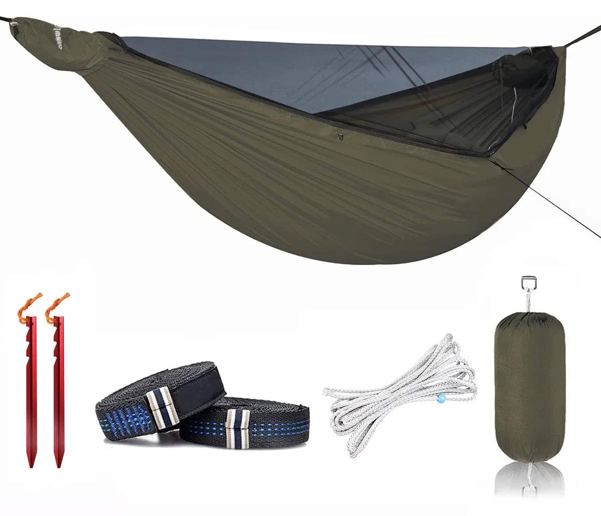 Onewind Hamac de camping de 3,4 m avec moustiquaire et structure Ridgeline, hamac double léger et portable avec sangles d'arbre de 3,7 m, idéal pour le camping, la randonnée, la randonnée, OD vert
