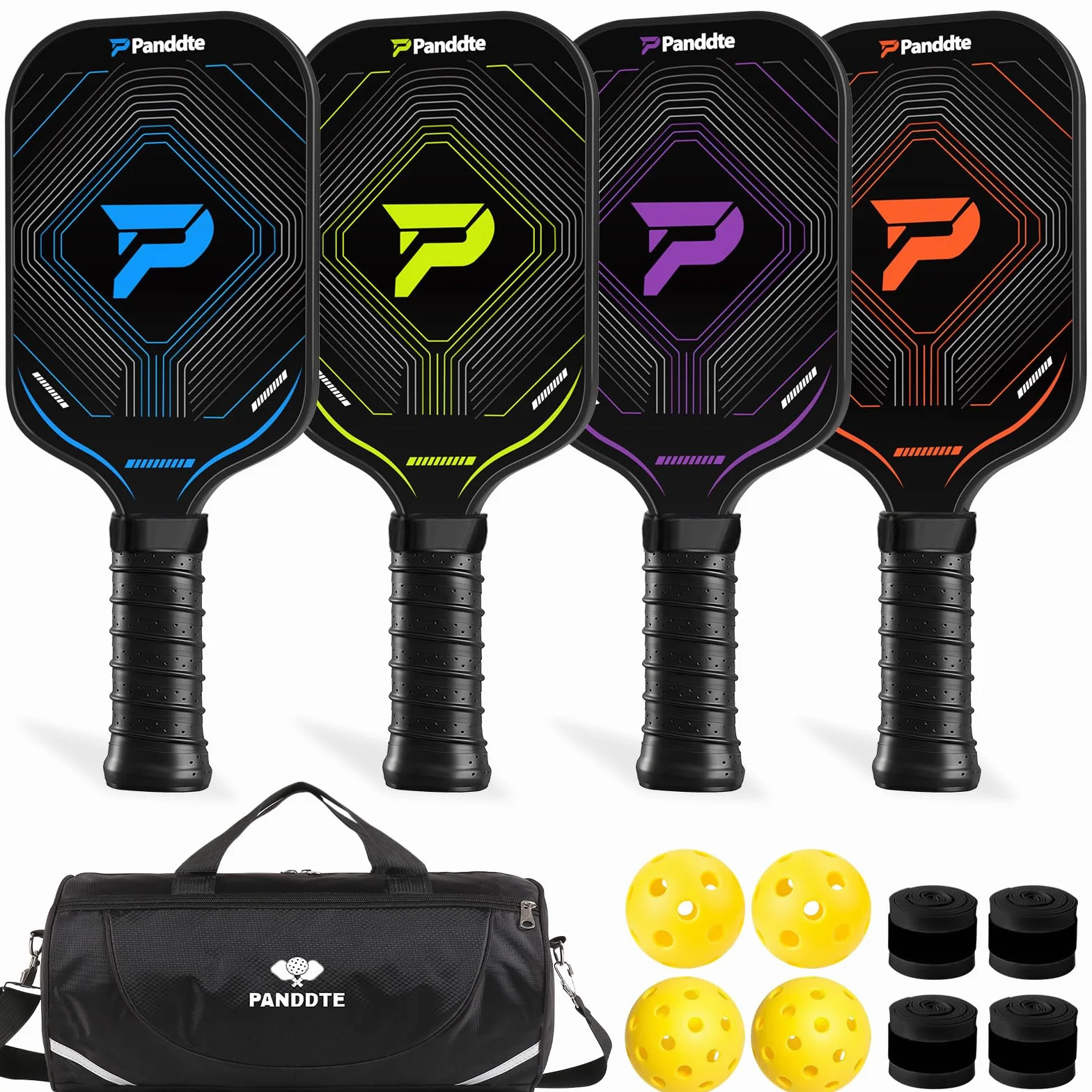 Raquettes Pickleball Set 4 Pièces, Kit Pickleball Complet avec Sac et Balles, Paddles Fibre de Carbone Légères, pour Débutant et Intermédiaire, Intérieur Extérieur