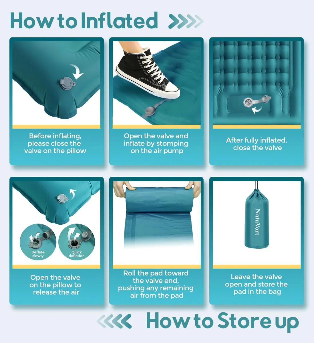 Matelas Gonflable 1 Place 12CM Matelas Camping, Matela s Autogonflant 1 Personne avec Pompe à Pied Mate Las Gonflable Camping Oreiller pour Campin g, Randonnée, Plage, Bleu Paon