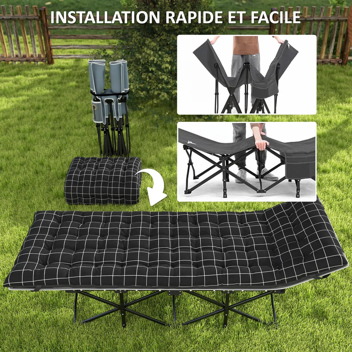 Outsunny Lit de Camping Pliable avec Matelas, Lit de Camp Pliant, Pochette latérale et Sac intégré, transat Chaise Longue en métal et Tissu Oxford, 190 x 67 x 37 cm, Charge 150 kg, Noir