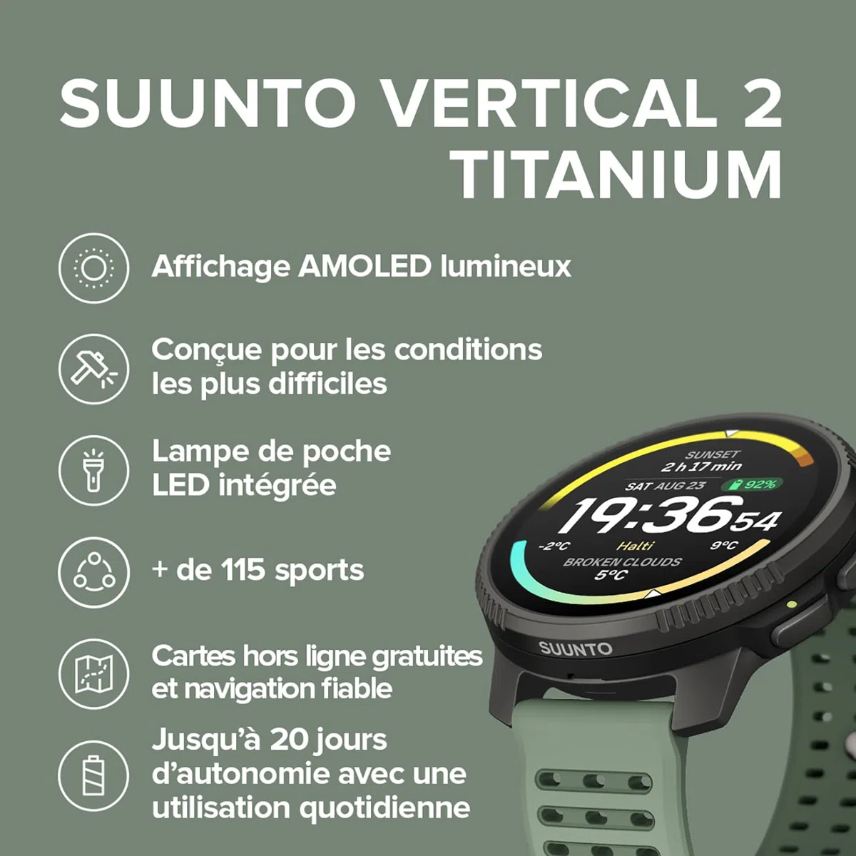 SUUNTO Vertical 2 Montre GPS Sport, Écran Tactile AMOLED Lumineux avec Design Robust, Lampe LED Intégrée, Autonomie 20 Jours, Cartes Hors-Ligne, Navigation Fiable, 115+ Modes de Sport