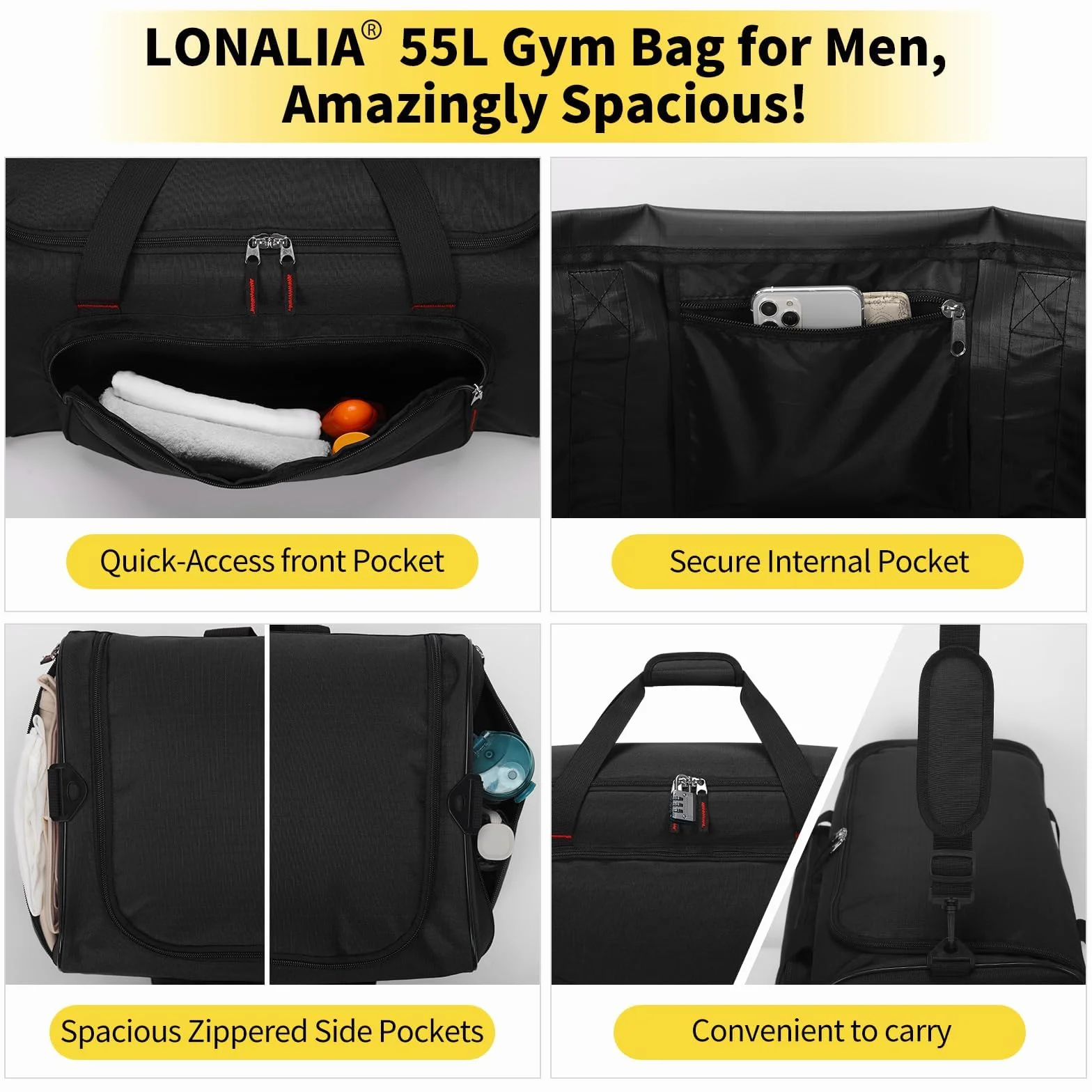 Grand Sac de Sport Homme 55L - Sac de Fitness Voyage Gym - Noir