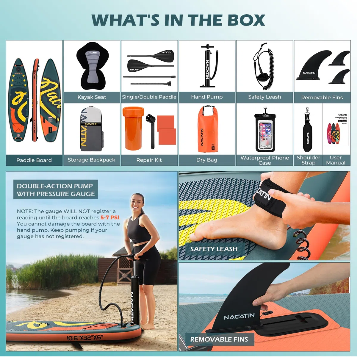 Paddle Gonflable Adulte, NACATIN 10'6" Stand Up Paddle Gonflable avec Pagaie Réglable, Pompe, Sac à Dos, Sac Étanche, Idéal pour Tous Les Niveaux de Compétence (Siège de Kayak Optionnel Disponible)